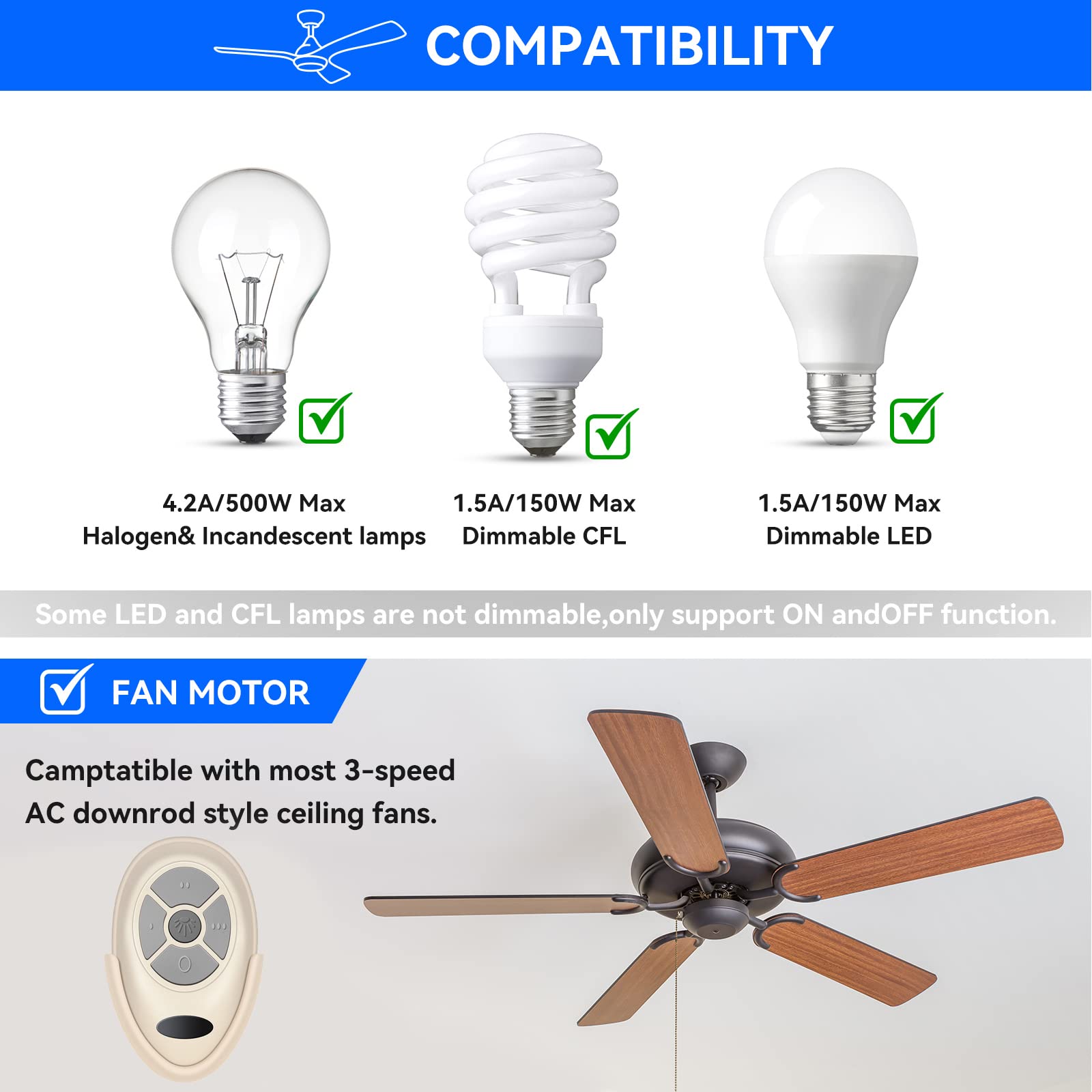 35T1 Ceiling Fan Remote Control Replacement for Harbor Breeze Allen Roth - 303.9MHz, 3-Speed with Light Dimmer & Learn Key - Compatible with FAN-11T, FAN-53T, FAN-HD, L3HFAN35T, FAN-35T, L3HFAN35T1, FAN-35T1 (Remote Only) - Perfect for Living Room, Bedroom, or Office Fan Control