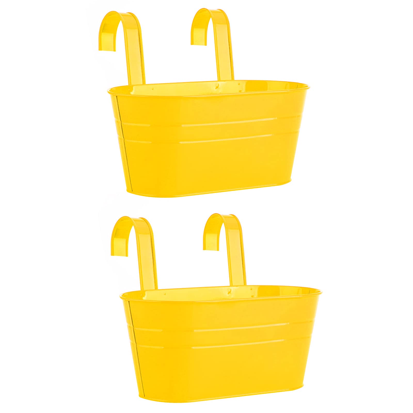 HYLYING 2-Pack Metal Hanging Flower Pots with Detachable Hooks - Oval Wall Mounted Planters for Balcony, Railing & Indoor Decor - Rustic Iron Planter Buckets for Flowers, Herbs & Small Plants