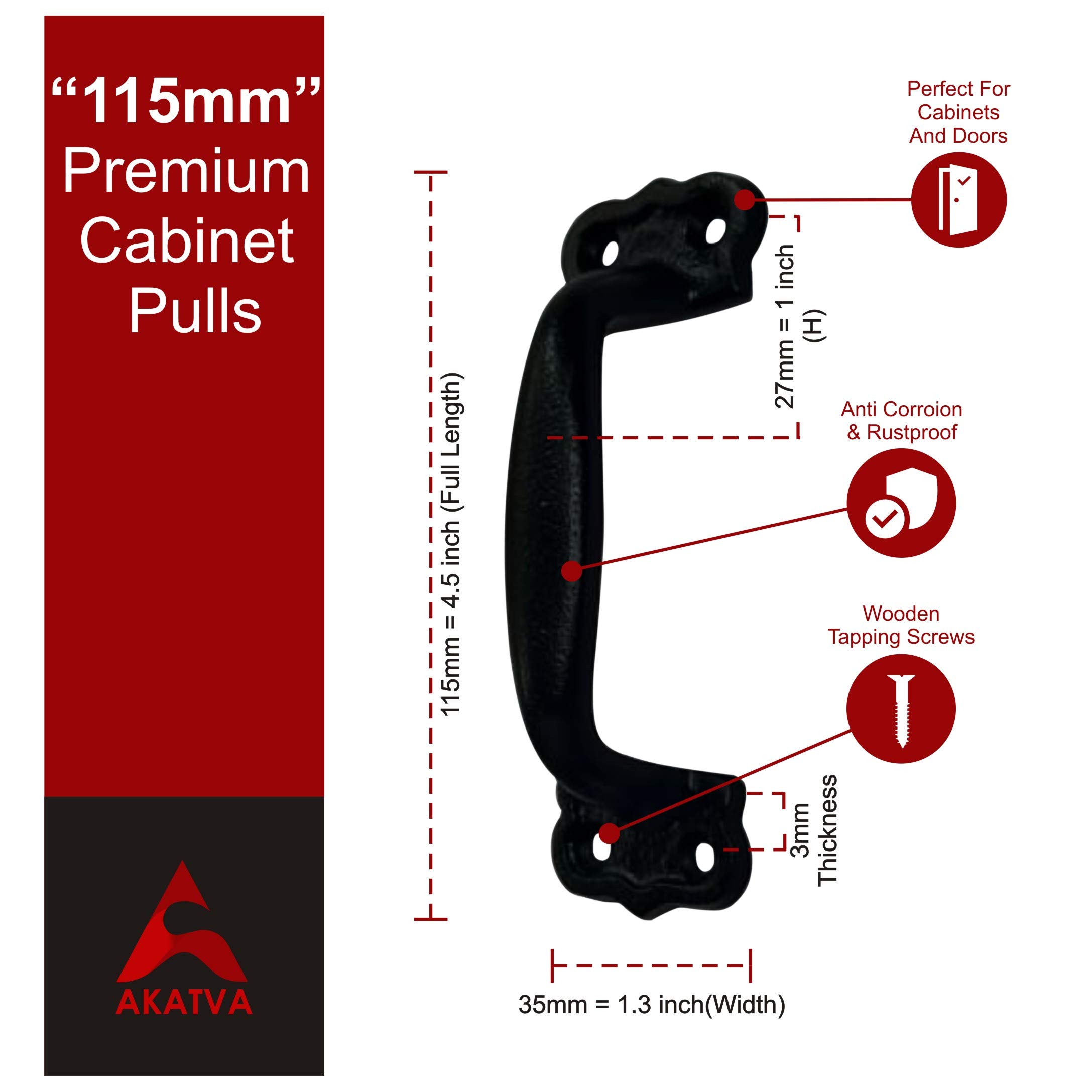 115mm Premium Black Powder Coated Cabinet Pulls - 4 Pack Heavy Duty Cast Iron Kitchen Cabinet Handles - Antique Farmhouse Drawer Hardware for Cupboards & Cabinets - Durable Cabinet Pull Set for Modern, Rustic & Vintage Kitchen Renovations