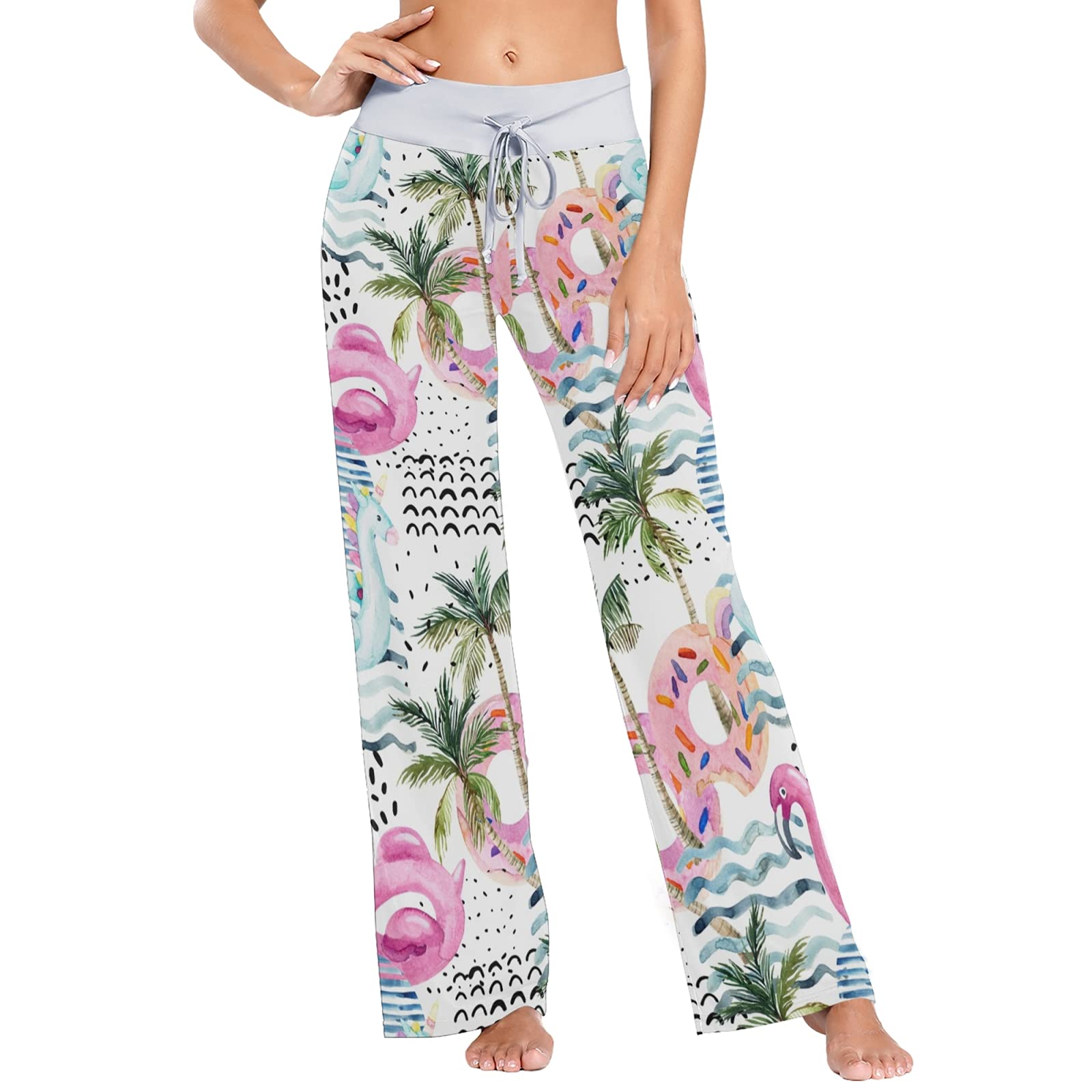 Summer Flamingo Pool Float Print Women's Casual Wide Leg Lounge Pajama Pants - Perfect for Beach Vacation, Poolside Relaxation & Cozy Sleepwear