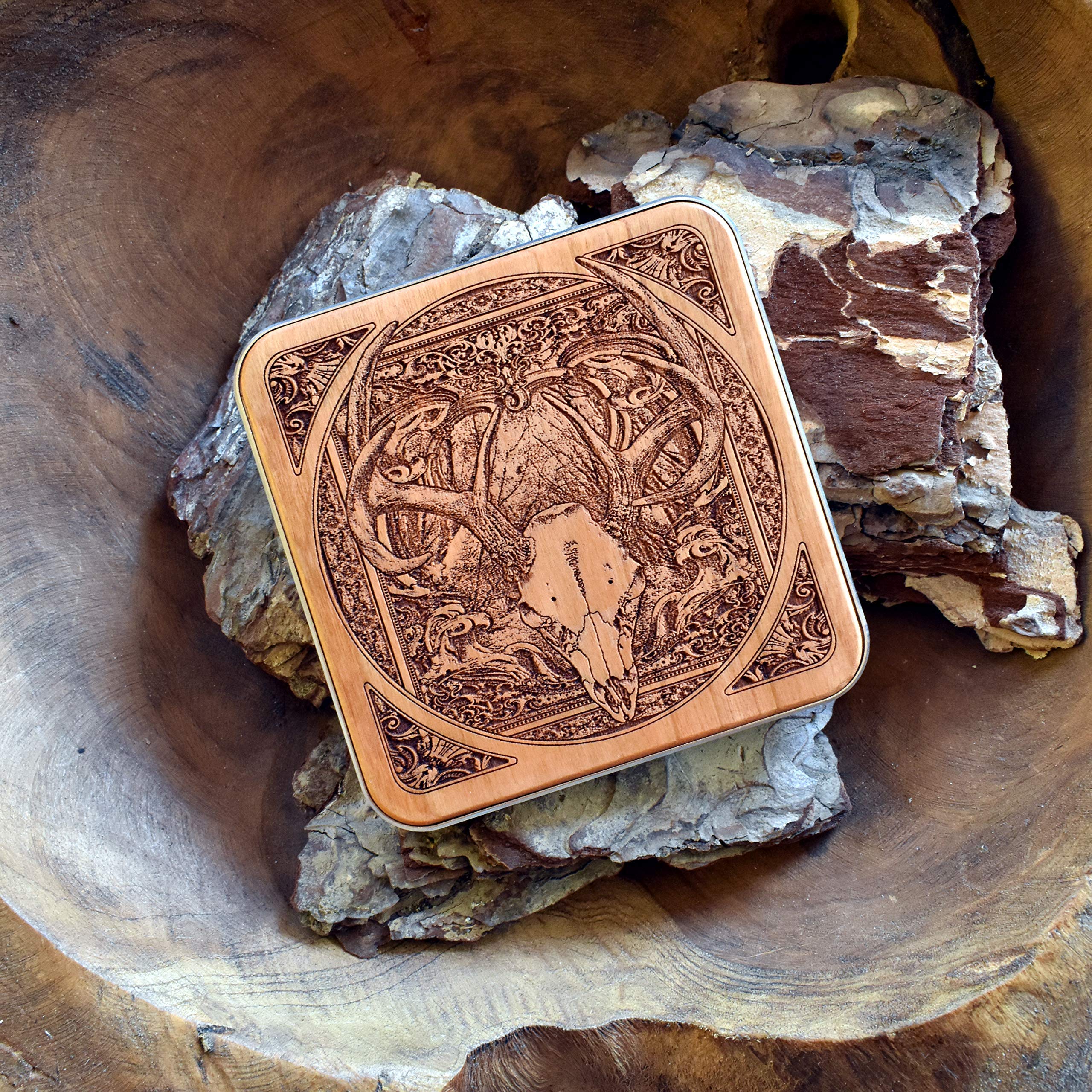 15W Fast Qi Wireless Charger Pad - Laser Engraved Deer Skull Design on Cherry Wood with Black Aluminum Base | Compatible with iPhone 16, Galaxy S25, S24 | Rustic Gothic Home & Office Desk Decor | Perfect for Bedside, Living Room, and Workspace Charging