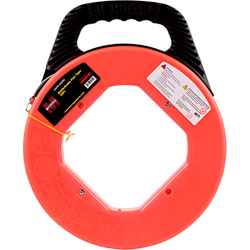 Morris Products 100ft Rattlesnake Fish Tape - 1/8 x 1/16 Inch Non-Conductive Electrical Wire Puller - 660lb Tensile Strength with Durable High Impact Case & Nylon Handle - Safe for Live Wires & Circuits - Perfect for Electricians, DIY Home Wiring & Electrical Repairs