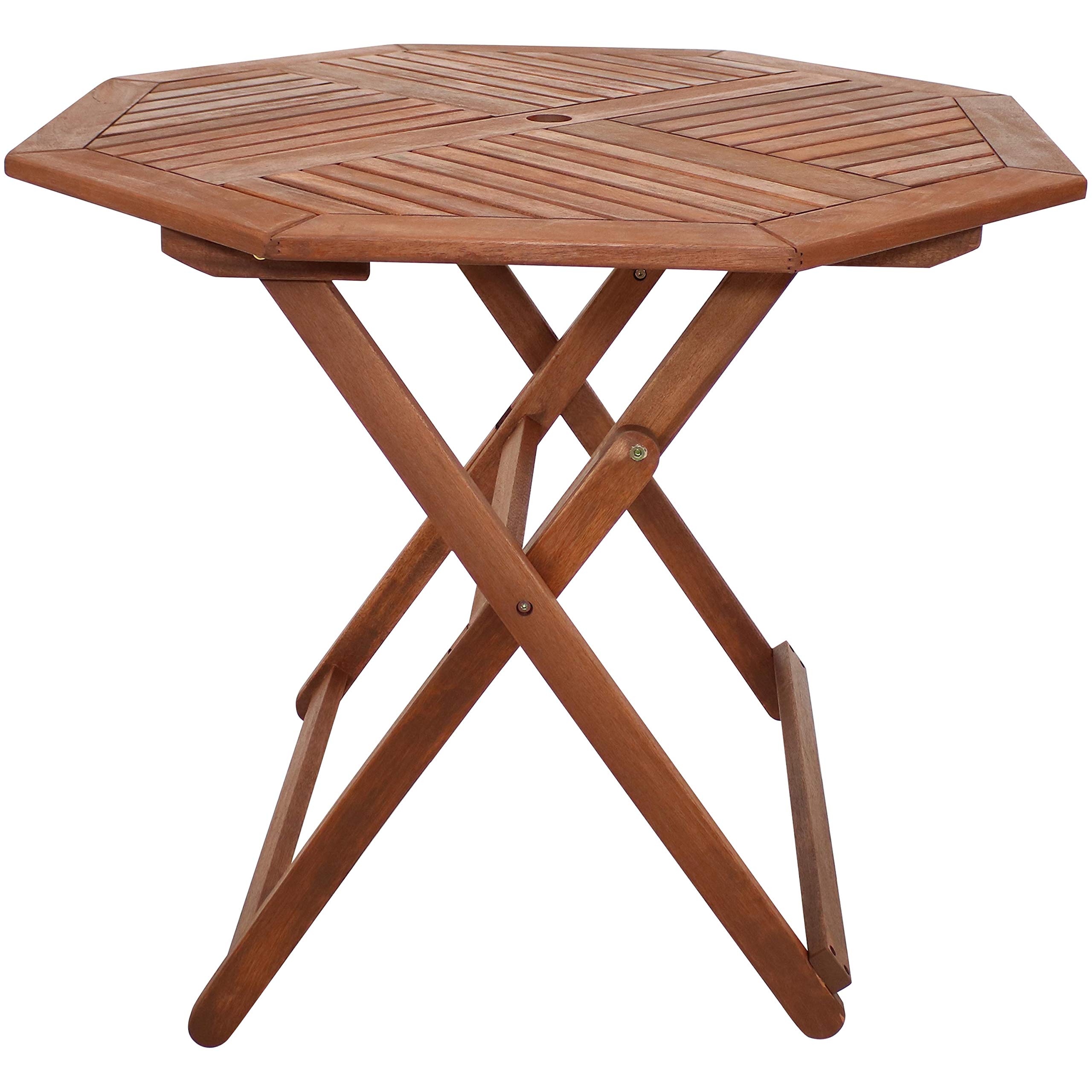Sunnydaze Meranti Wood Octagon Outdoor Folding Table - 35.5 Inch Teak Oil Finish Patio Dining Table - Perfect for Backyard BBQs, Poolside Gatherings & Garden Parties