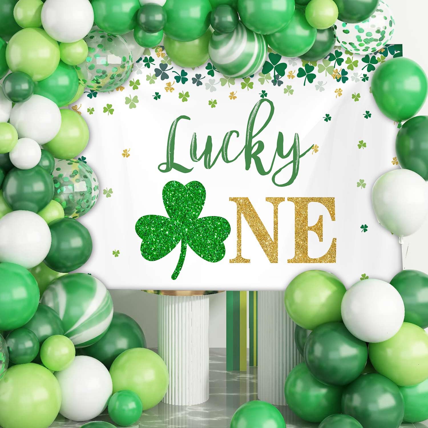 MEHOFOND 7x5ft St. Patrick's Day Happy First Birthday Party Backdrop - Green & Gold Shamrock Irish Decorations for Photography, Cake Smash, Baby Shower & Spring March Celebrations - Lucky One Banner Photo Background Props