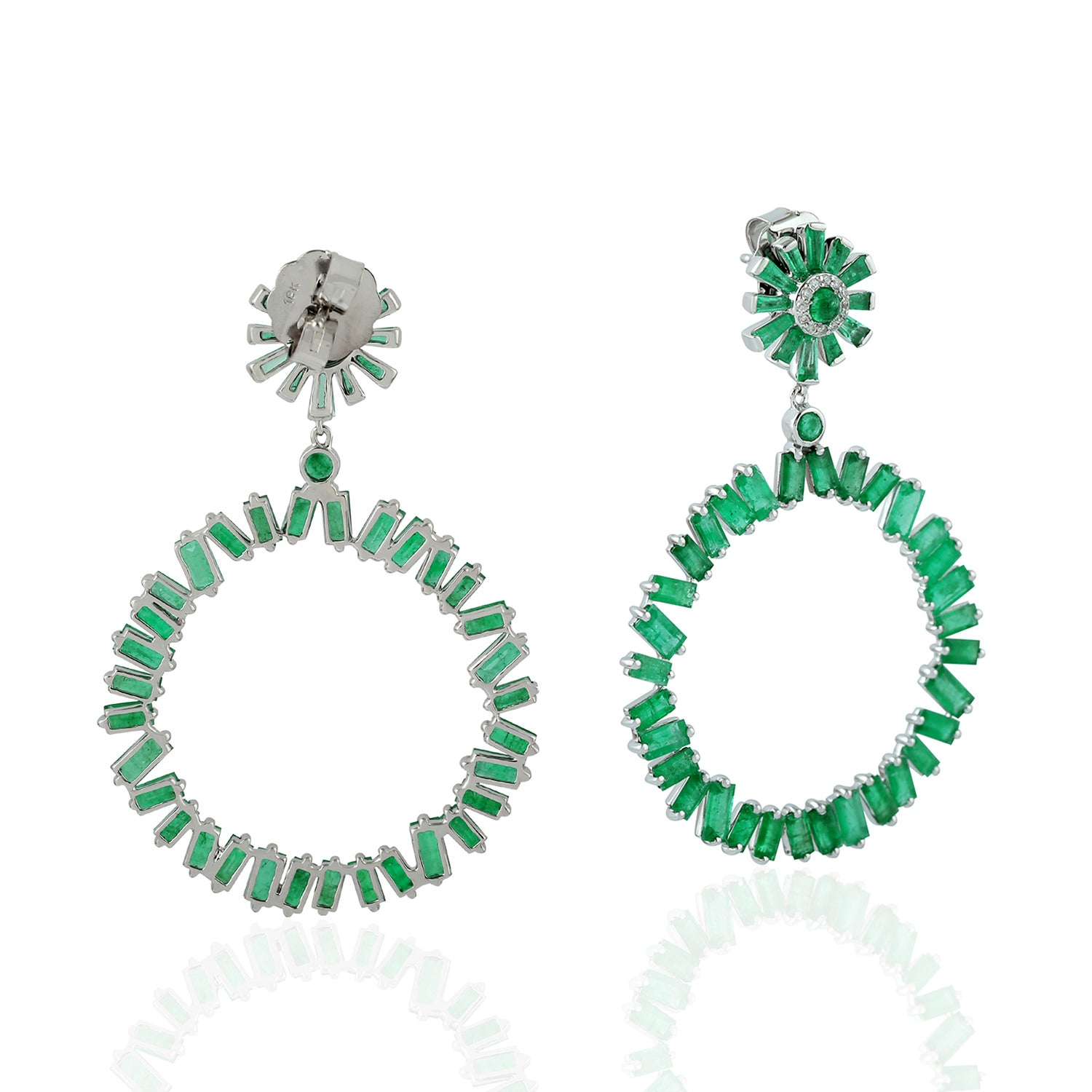 18K White Gold Baguette Emerald Pave Diamond Hoop Earrings – Elegant Dangle Earrings for Women, Perfect for Weddings, Parties & Special Occasions