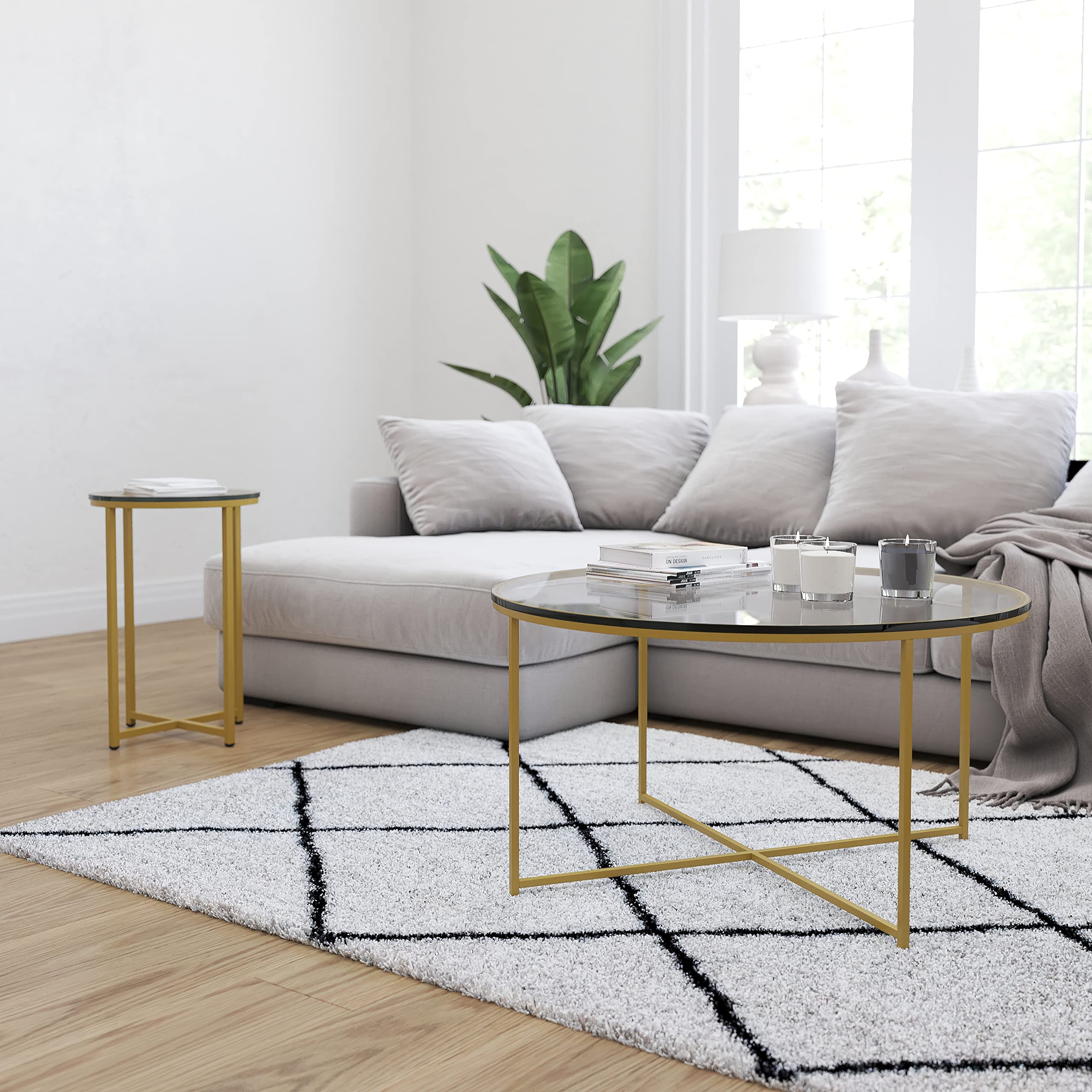 Merrick Lane Fairdale 3-Piece Round Coffee Table Set with Matte Gold Crisscross Frame - Modern Living Room Furniture for Small Spaces - Includes Coffee Table & 2 Matching End Tables - Perfect for Apartments, Condos and Cozy Home Decor
