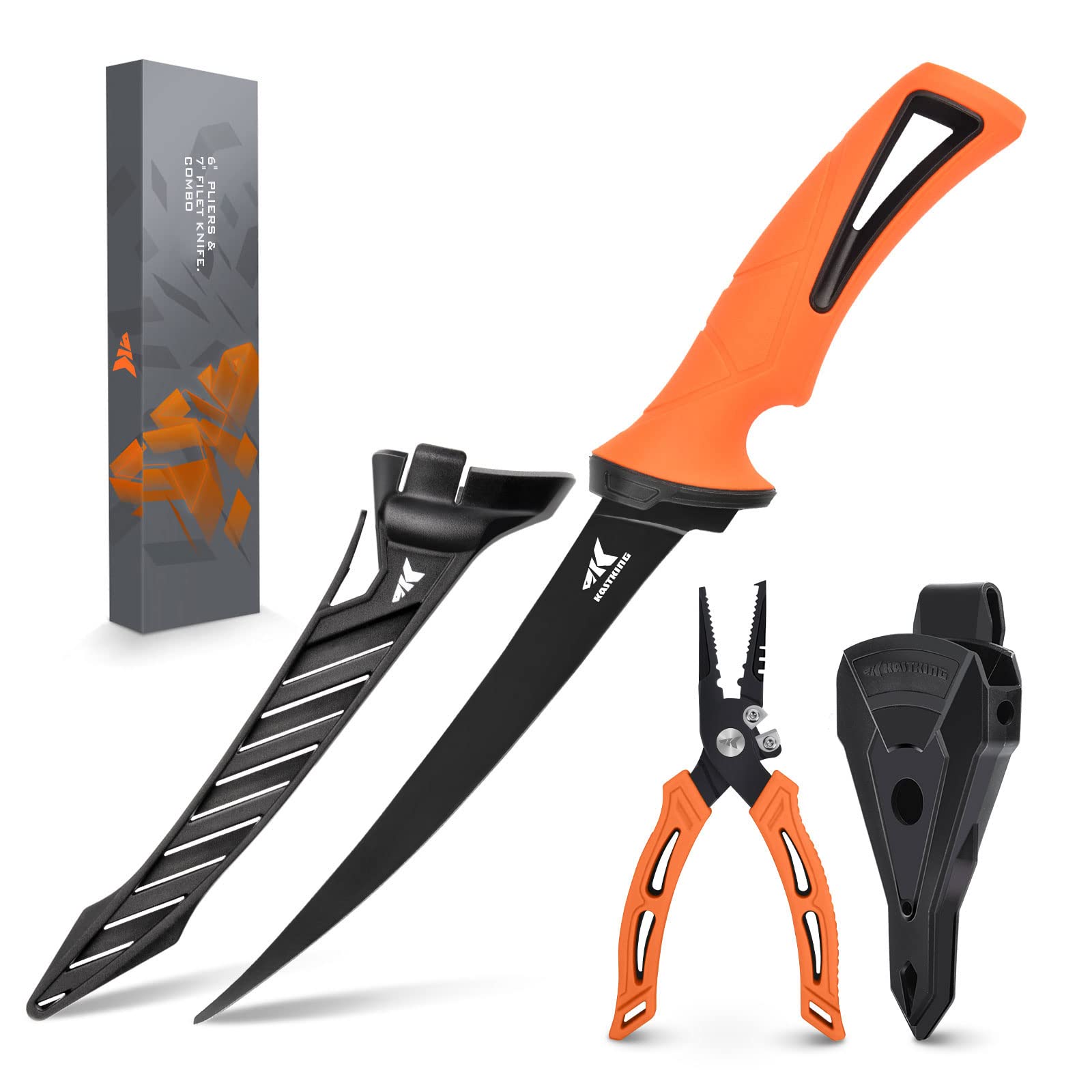 KastKing 6-inch Fishing Pliers and 7-inch Fillet Knife Set - Stainless Steel Split Ring Nose Pliers with Sheath - Orange Fishing Gear for Saltwater & Freshwater Anglers - Perfect for Boat, Kayak, and Shore Fishing