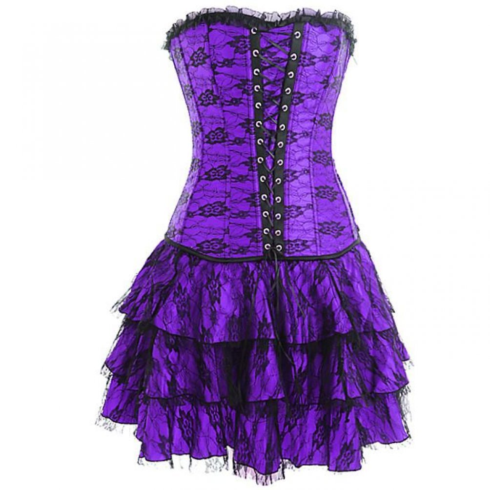 Gothic Burlesque Overbust Corset Dress - Purple Satin Moulin Rouge Costume for Halloween Party & Cosplay | Perfect for Burlesque Shows, Themed Parties, and Gothic Fashion