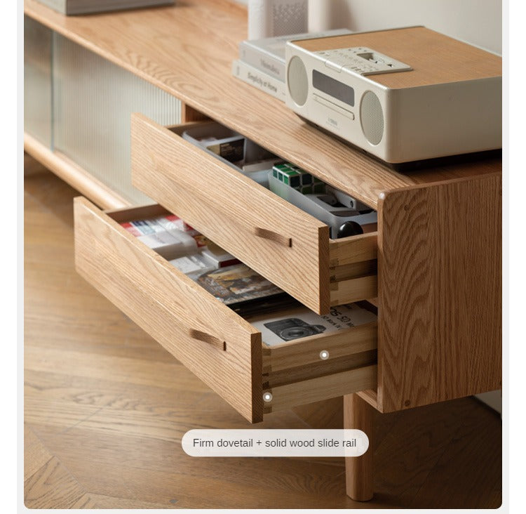 Solid Oak Wood TV Stand with Sliding Doors - Modern Entertainment Center for Living Room, Bedroom & Home Theater