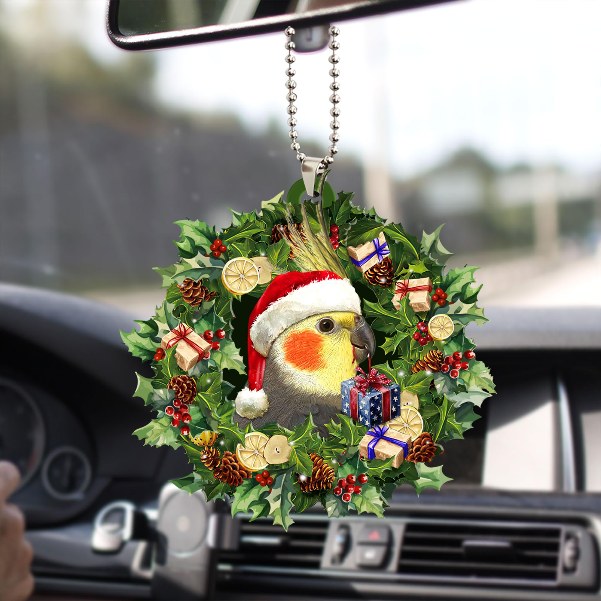 Talataca Cockatiel Christmas Hat Wreath - 2D Flat Car Mirror Hanging Charm & Tree Ornament - Cute Bird Decor for Rearview Mirror, Christmas Tree, Home & Gift Giving