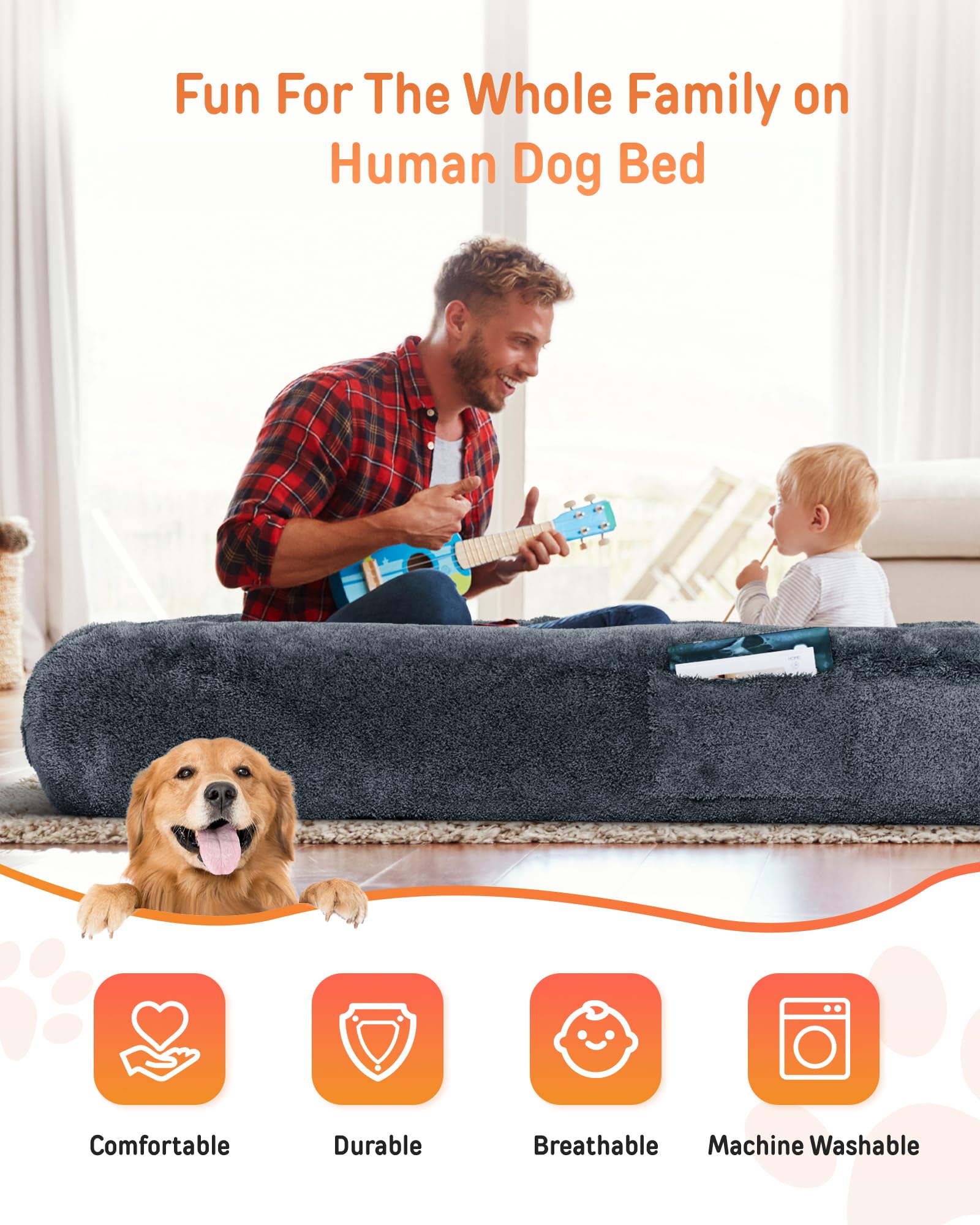 YEFU Extra Large Human Dog Bed 78.7x44.8x11.8 Inches - Washable Cover & Anti-Slip Bottom - Giant Floor Bed for Adults, Pets, Napping & Lounging - Dark Grey - Perfect for Living Rooms, Bedrooms & Pet-Friendly Spaces