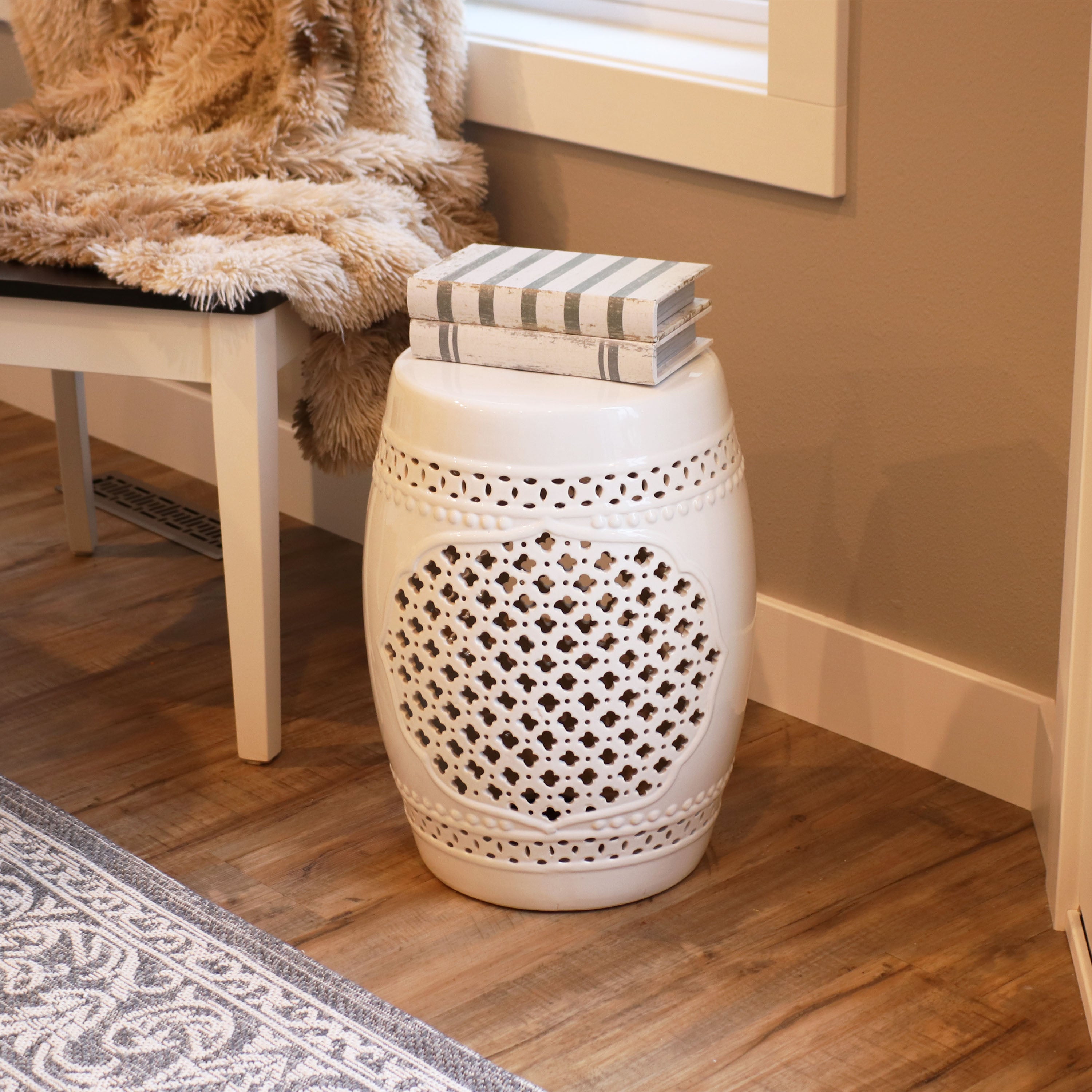Sunnydaze Marrakesh Lattice Ceramic Garden Stool Side Table - 17.75 Inch Outdoor Patio Furniture, Boho Decor for Porch, Poolside, or Living Room Accent