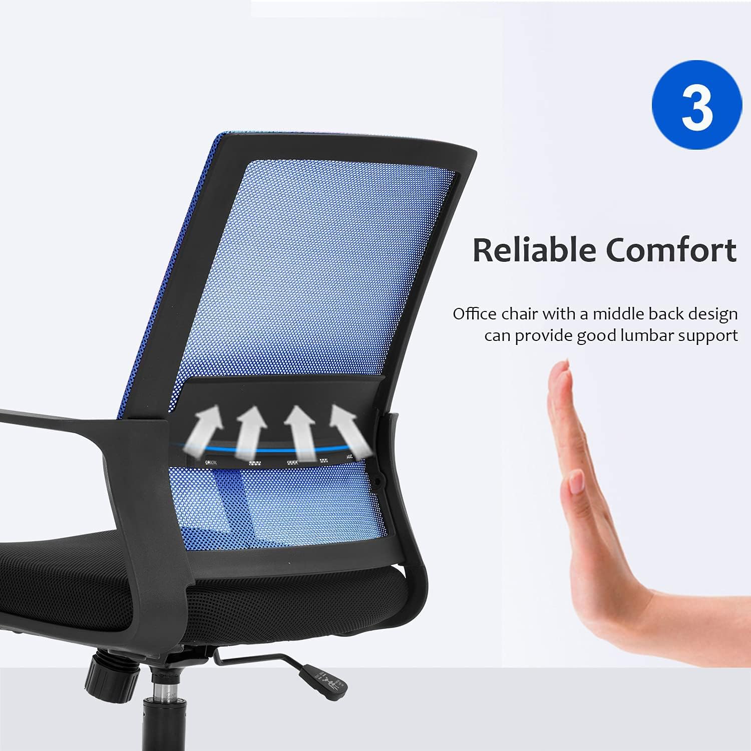 Ergonomic Office Chair with Lumbar Support - Adjustable Mesh Computer Desk Chair, Mid-Back Swivel Task Chair with Wheels & Armrests for Home Office, Modern Executive Chair (Blue) - Perfect for Long Work Hours, Gaming & Remote Work