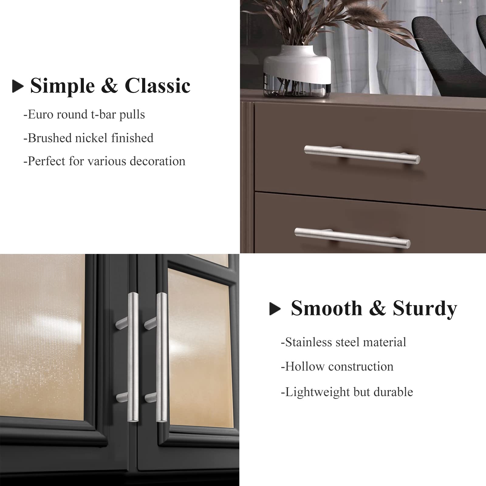 25 Pack 5 Inch Euro T Bar Cabinet Pulls - Stainless Steel Kitchen Drawer Handles with Brushed Nickel Finish - Perfect for Modern Cabinets, Dressers & Furniture Upgrades