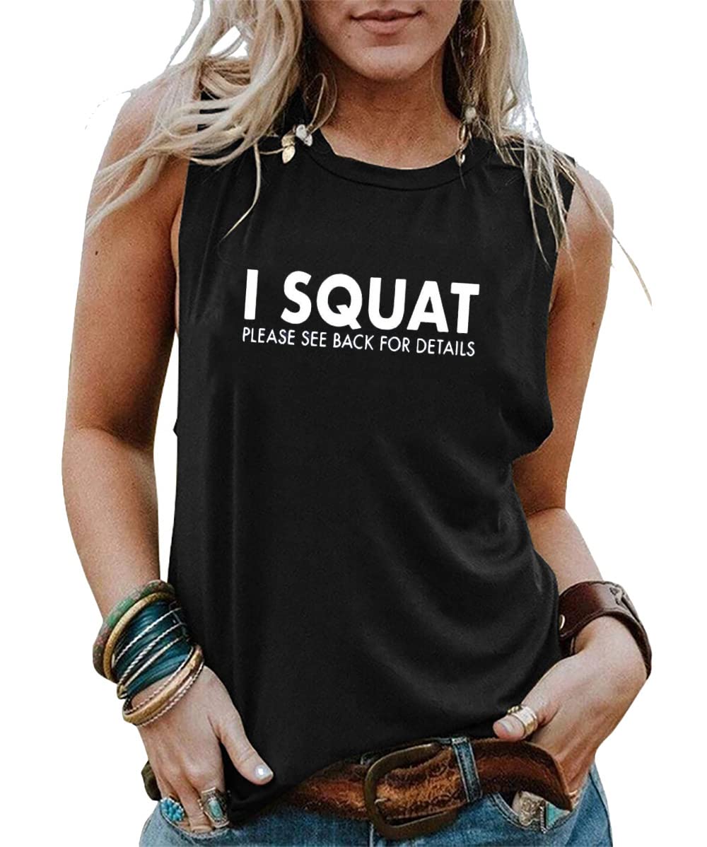 Funny 'I Squat Please See Back' Women's Letter Print Tank Top - Casual Sleeveless T-Shirt with Humorous Saying | Perfect for Gym, Workout & Casual Wear