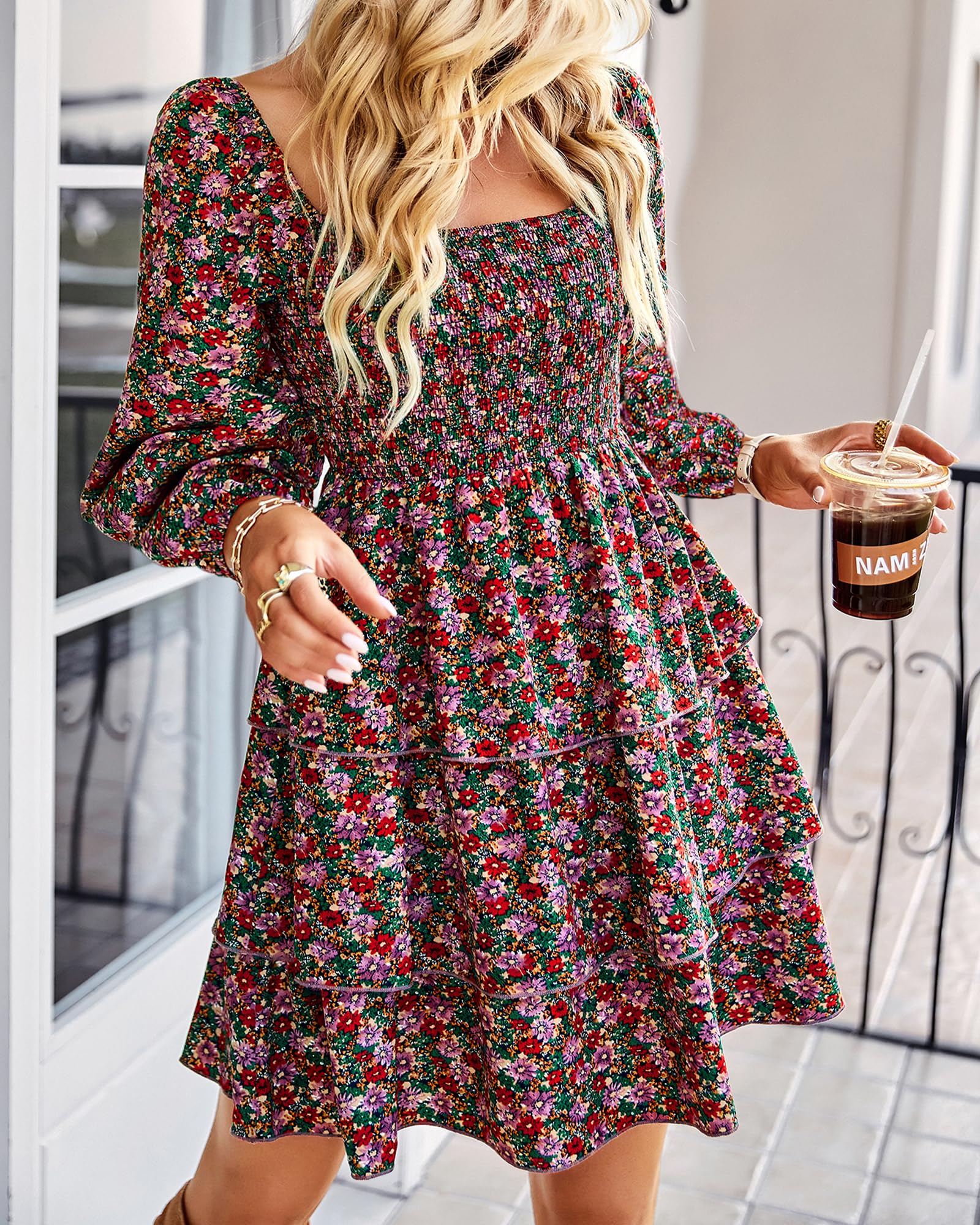 BTFBM Women's Square Neck Smocked Floral Swiss Dot Mini Dress - Long Sleeve Boho Wedding Guest Dress for Spring & Summer 2025 | Perfect for Garden Parties, Bridal Showers & Casual Outings