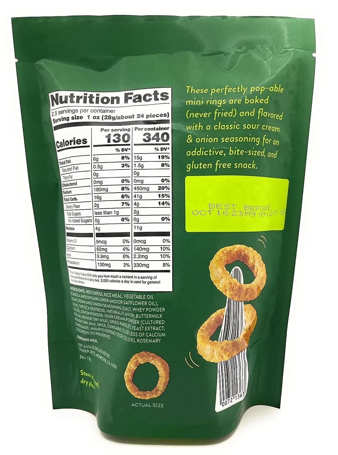 Trader Joe's Gluten Free Sour Cream & Onion Flavored Lentil & Rice Rings Snacks - Crunchy Vegan Chips for Parties, Movie Nights & Healthy On-the-Go Snacking (Pack of 1)