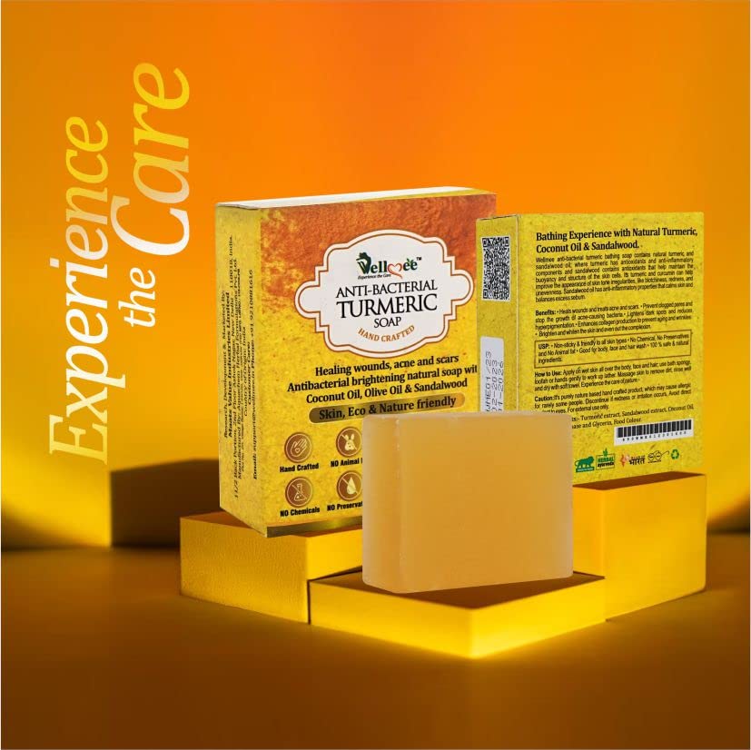 WELLMEE Anti-Bacterial Turmeric Handmade Soap with Coconut Oil & Olive Oil - Natural Brightening, Acne Treatment & Scar Healing Soap (100g) - Perfect for Daily Skincare & Wound Care