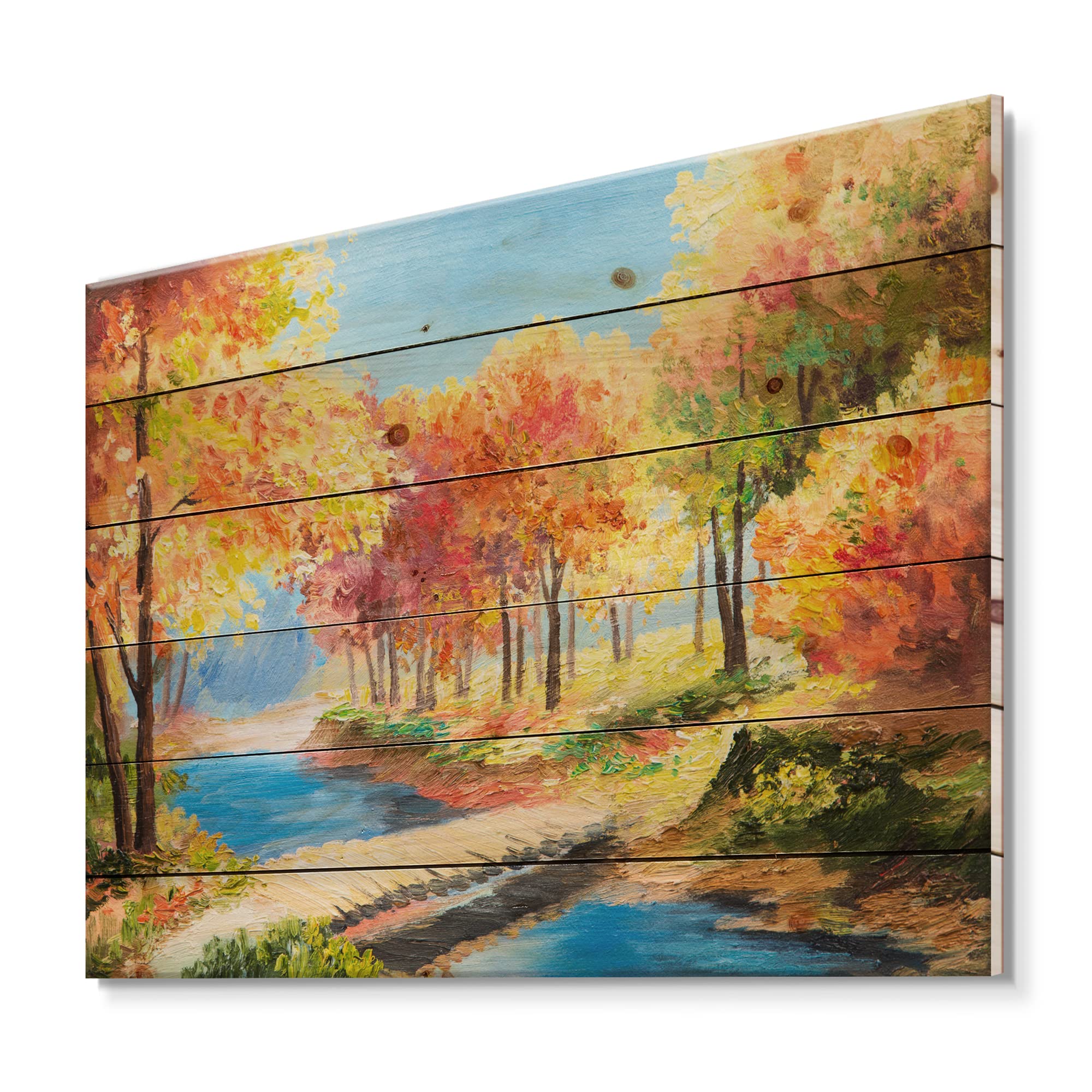 Yellow and Orange Riverside Lake House Wood Wall Decor - Large Landscape Wood Panels Printed on Natural Pine - Perfect for Living Room, Bedroom, or Office Wall Art