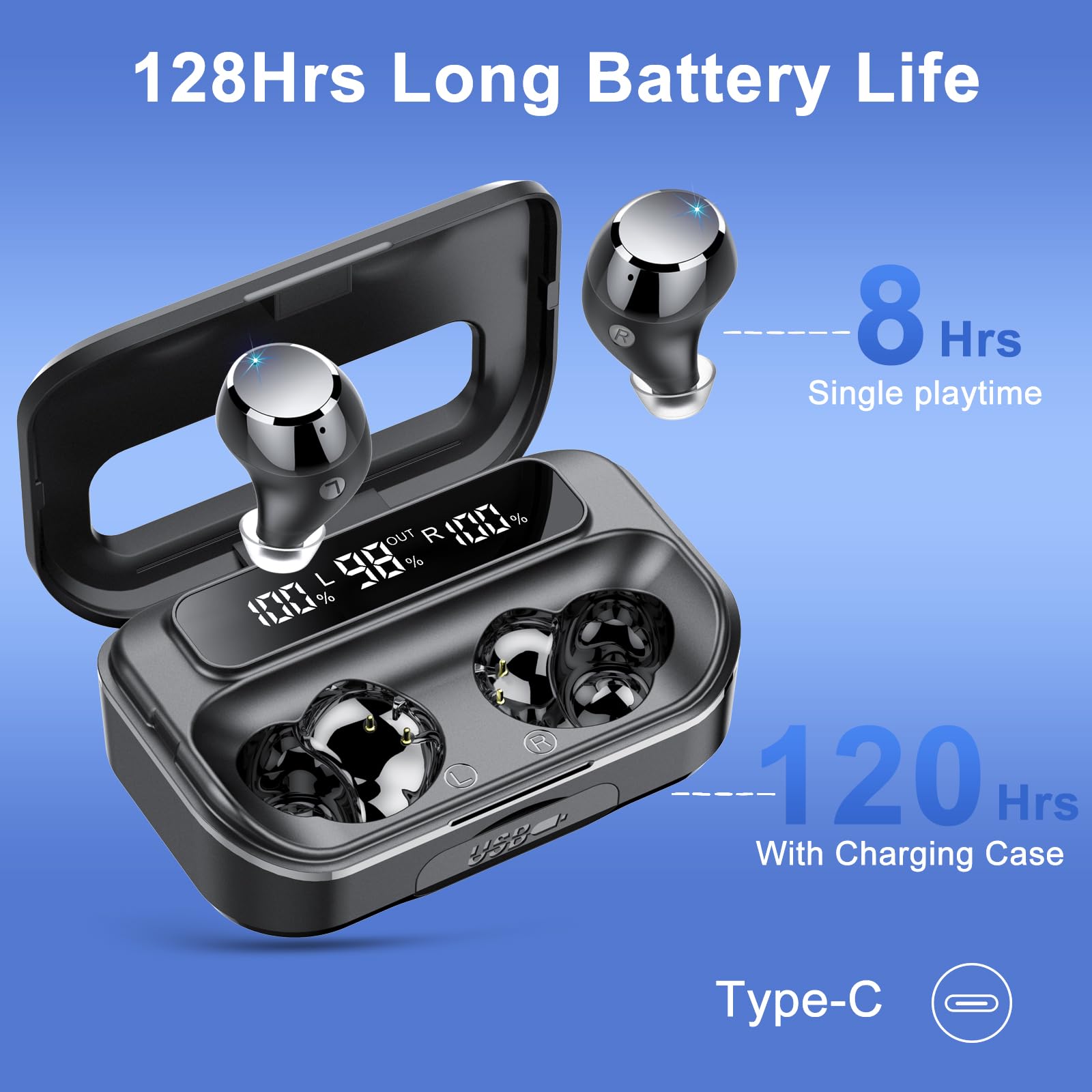 2024 Wireless Bluetooth Earbuds 5.3 with LED Power Display - 128H Playtime, IPX7 Waterproof, Noise Cancelling Mic for Sports & Gym - Compatible with iOS/Android Devices - Perfect for Running, Workouts & Daily Commute