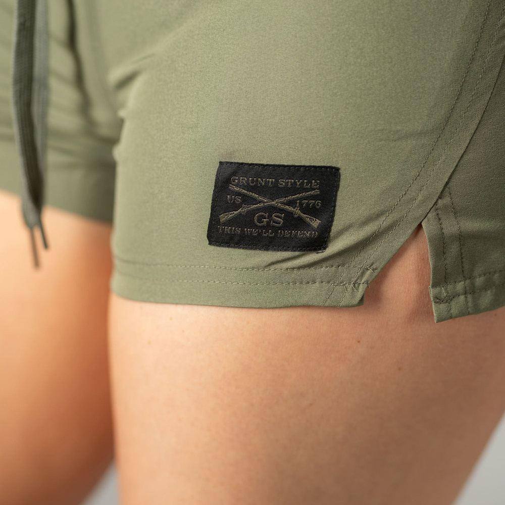 Women's Hybrid Shorts - Olive Green Activewear for Running, Yoga & Gym - Comfortable Stretch Fitness Shorts for Women