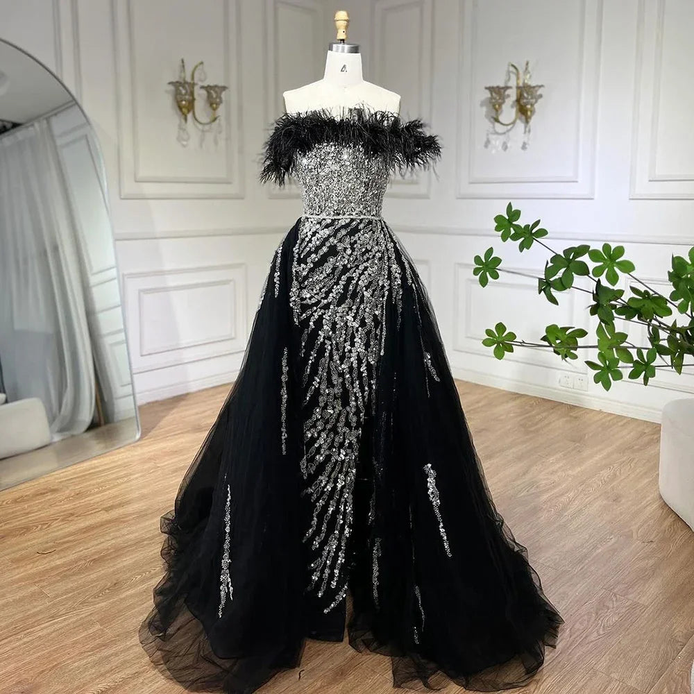 Serene Hill Blue Diamond Feather Mermaid Elegant Evening Dress with Overskirt - Women's Formal Gown for Wedding, Party & Special Occasions 2025 | LA72061
