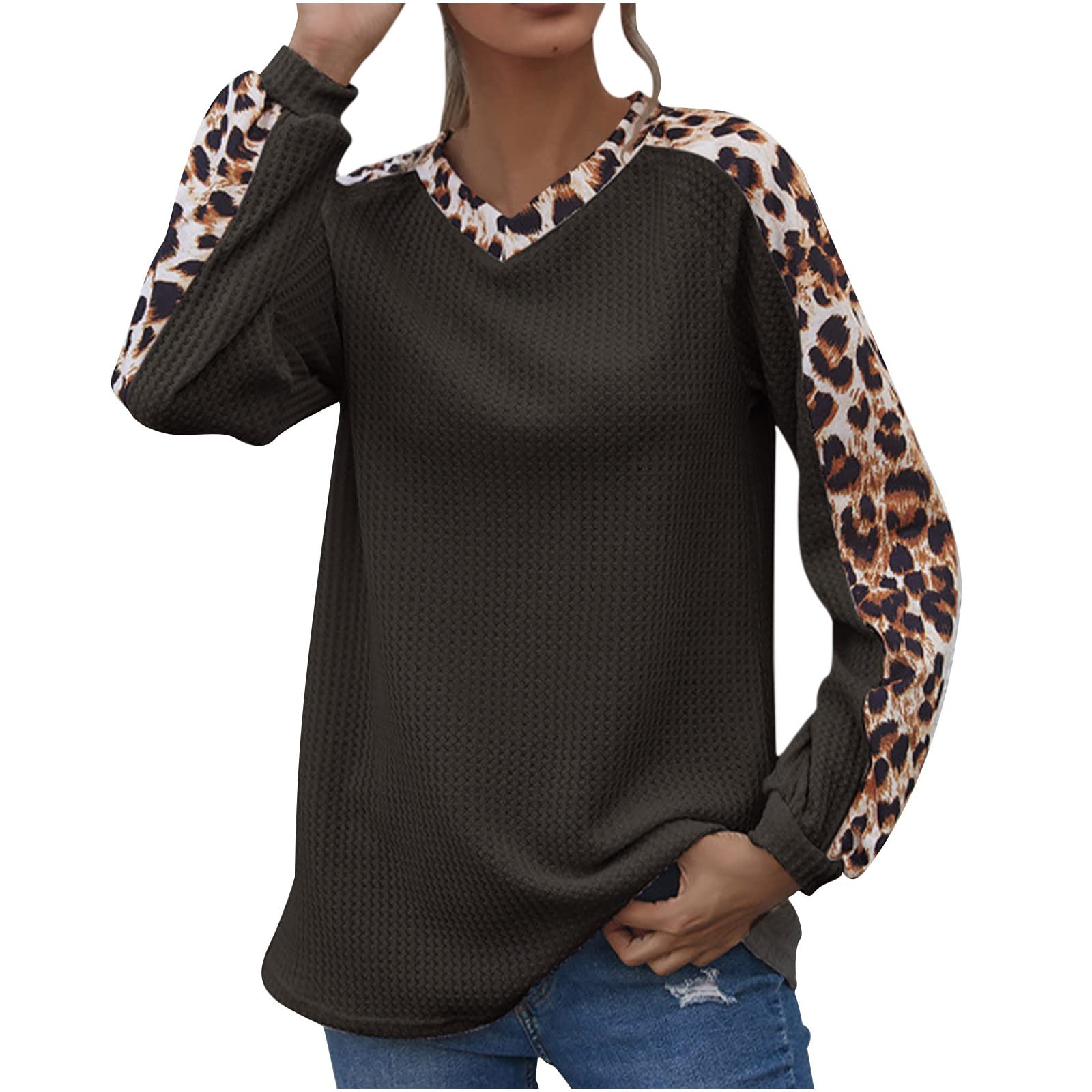 Women's Long Sleeve Casual Crew Neck Waffle Knit Shirt - Leopard Print Patchwork Blouse for Fall & Winter | Loose Fit Tops for Work, Date Night & Everyday Wear