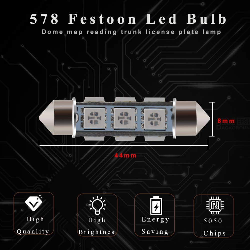 Everbright 6-Pack Blue 44MM 578 LED Bulbs - 569 211-2 212-2 Festoon LED Dome Lights for Car Interior, Trunk & License Plate (DC-12V) - Perfect for Vehicle Interior Lighting Upgrade & Customization