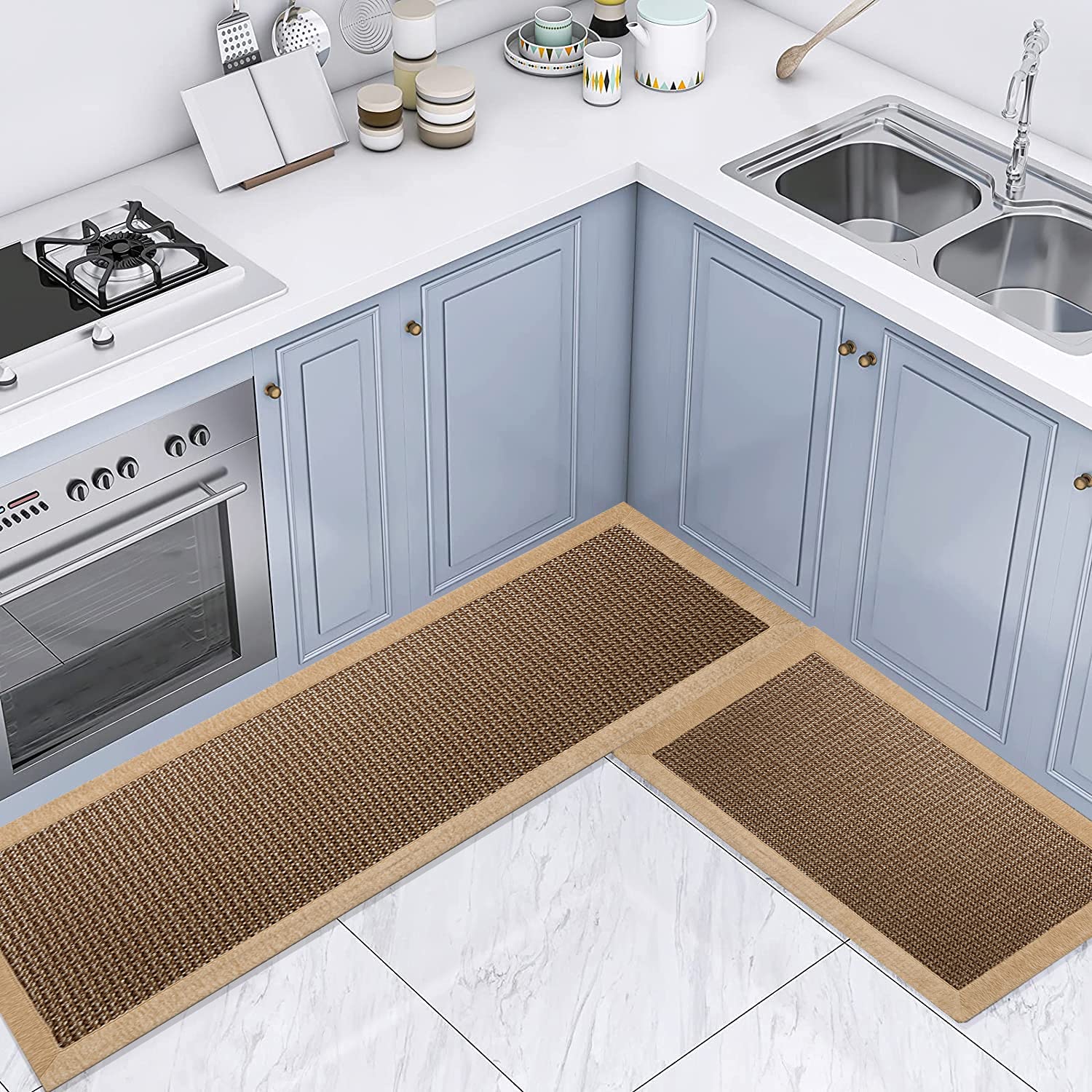 Non-Slip Washable Twill Kitchen Rugs Set of 2 - Heavy Duty Anti-Fatigue Floor Mats for Sink, Countertop & Fridge - Perfect for Cooking, Dishwashing & Standing Comfort in Home Kitchen