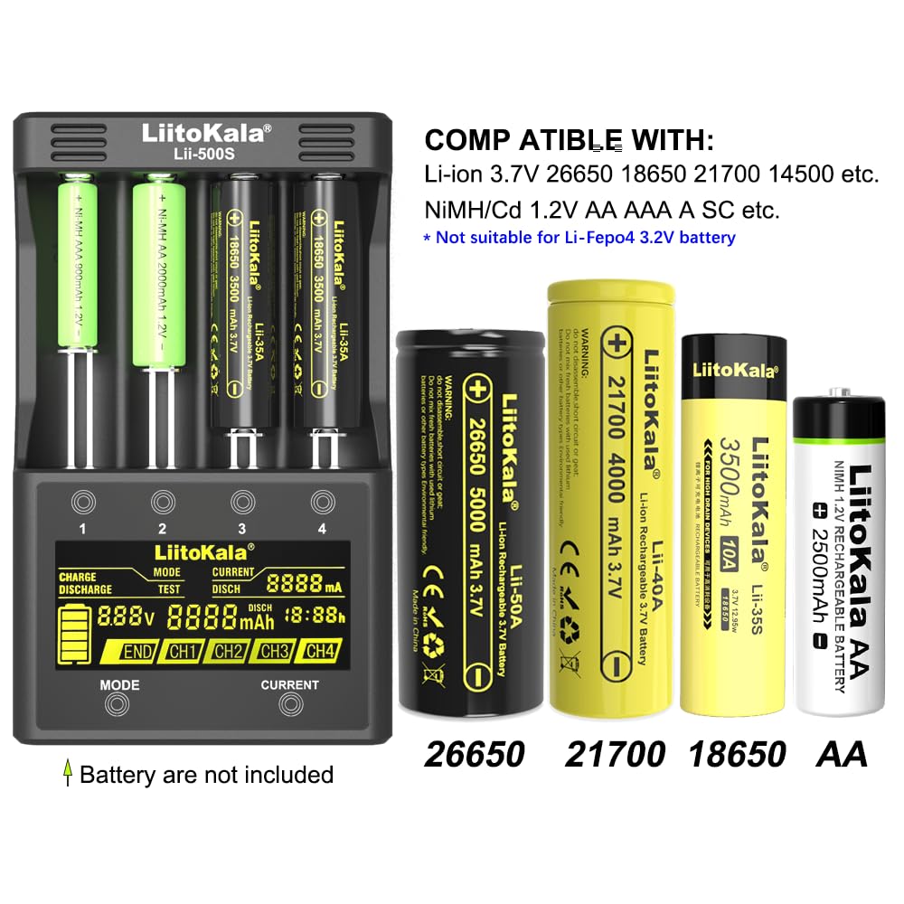 LiitoKala Lii-500S Smart Battery Charger - Universal LCD Charger for AA AAA 18650 26650 21700 Batteries (1.2V-3.7V) with Touch Button - Perfect for Home, Office & Travel Use
