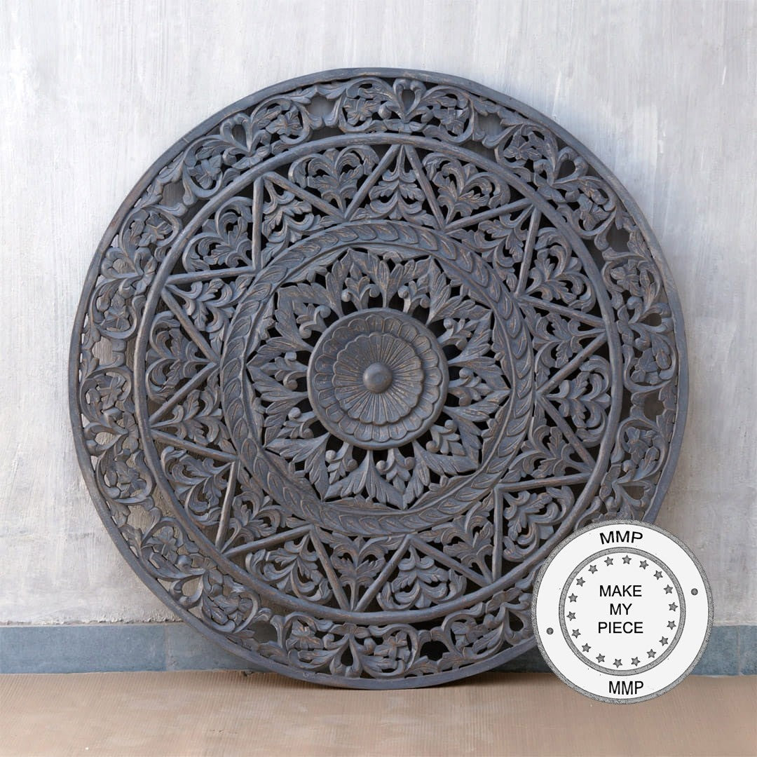 Hand Carved Indian Solid Wood Grey Panel - Traditional Home Decor for Living Room, Bedroom & Office - Dynasty Collection