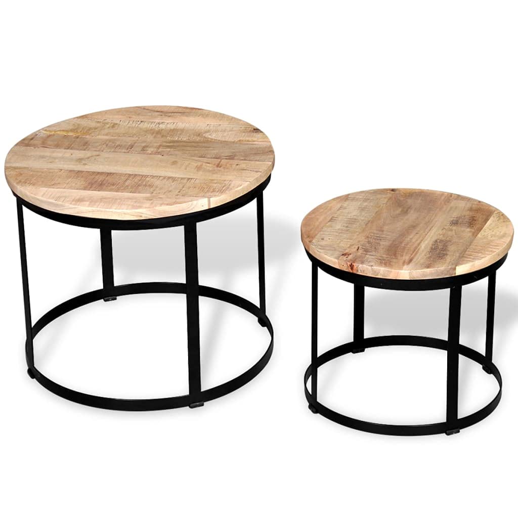 Solid Wood Coffee Table Set with Sturdy Metal Frame - Rough Mango Wood Round Coffee Tables (15.7