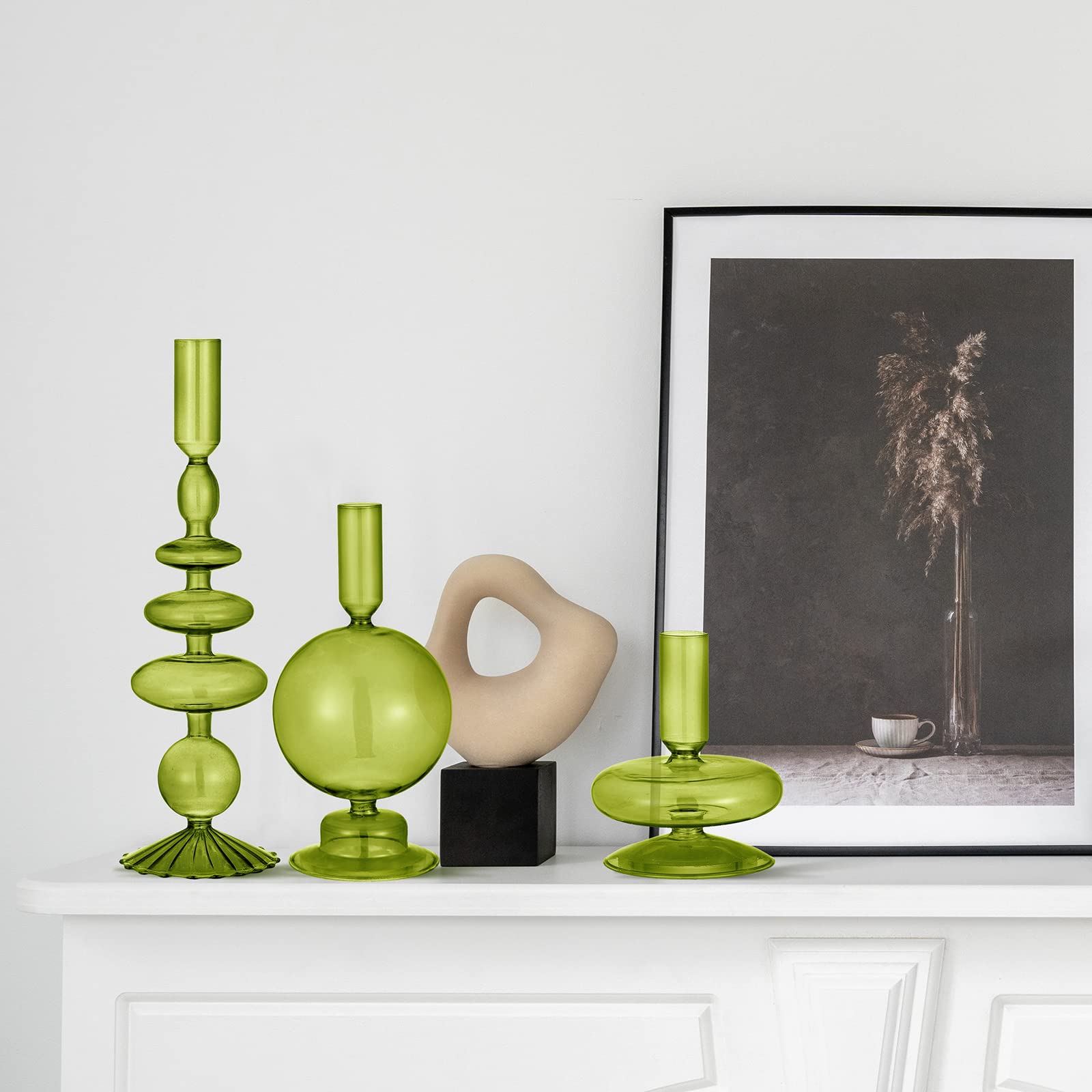 Rtteri 3-Piece Glass Candlestick Holders Set - Elegant Wavy Taper Candle Holders for Home Decor, Wedding Centerpieces & Party Decorations (Green)