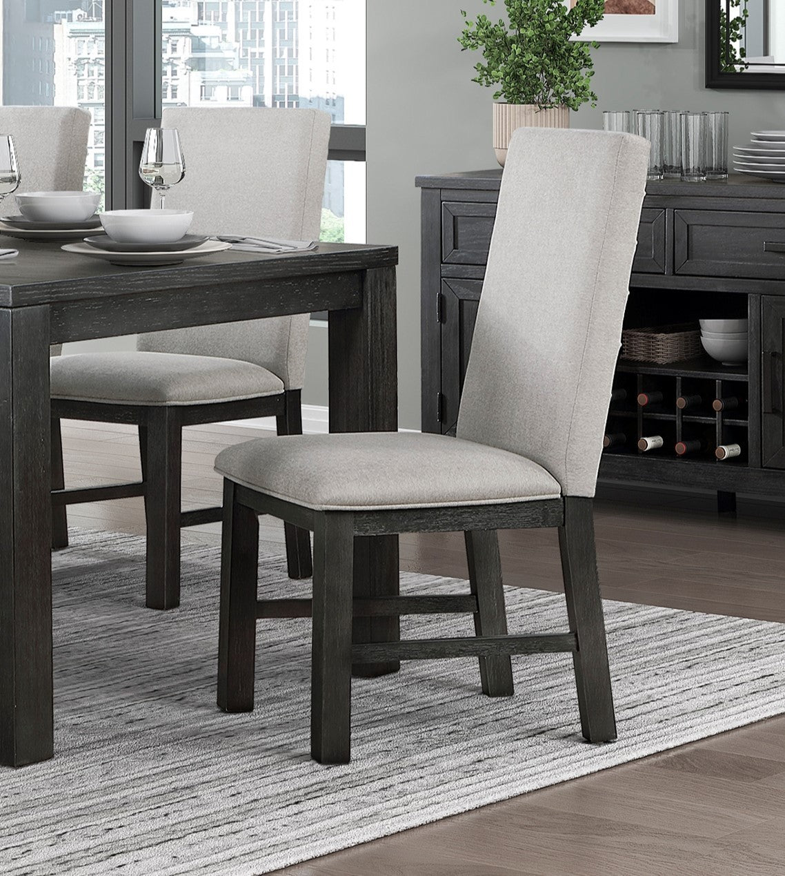 2-Piece Gray Upholstered Dining Chairs Set with Stylish Back & Antique Black Wooden Frame - Perfect for Kitchen, Dining Room, and Breakfast Nook