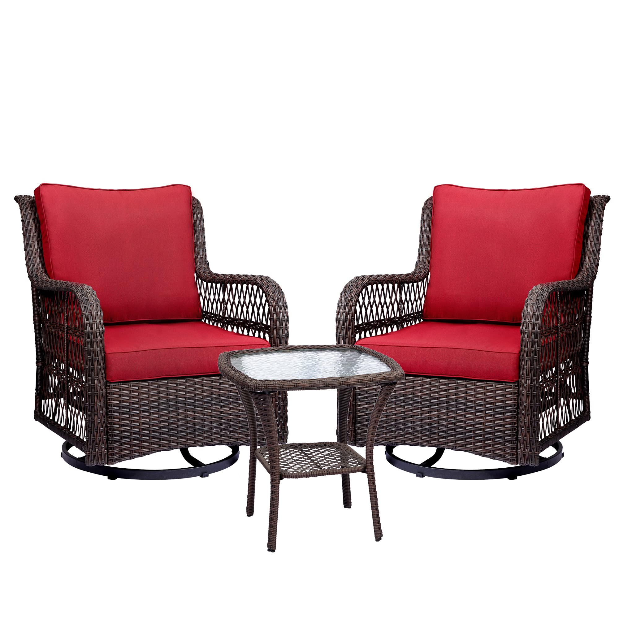 IDEALHOUSE 3-Piece Outdoor Wicker Swivel Rocking Chair Set with Cushions & Glass Table - 360° Rotating Patio Furniture for Backyard, Garden, Poolside (Rust) | Durable Rattan Bistro Set for Relaxing & Entertaining