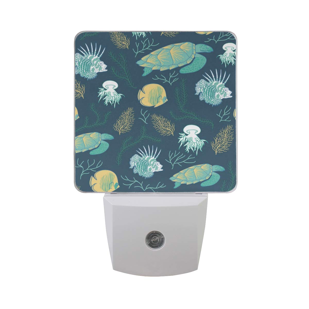 2 Pack Plug-in LED Night Light with Dusk to Dawn Sensor - Fire Fish Turtle Jellyfish Design for Bedroom, Bathroom, Hallway & Staircase - Energy Efficient 0.5W Lighting Solution for Kids Room, Nursery & Home Decor