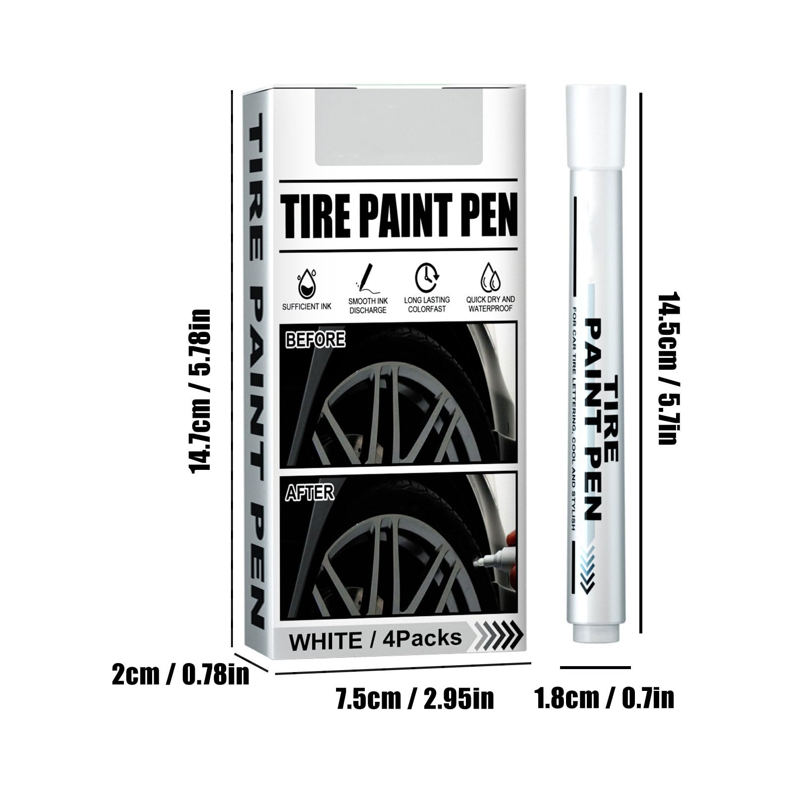 4Pcs White Waterproof Tire Paint Pens for Car Wheels - Durable Tire Lettering Marker for DIY Customization, Auto Detailing & Touch-Ups