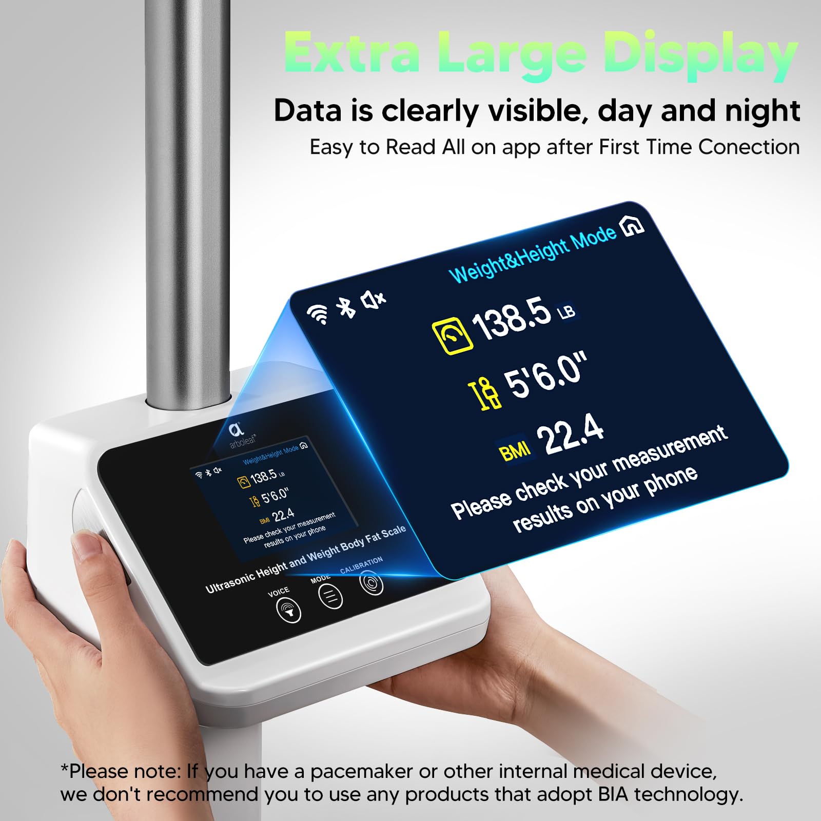Arboleaf Digital Physician Scale with Ultrasonic Height Measurement - Smart Body Composition Analyzer for Weight, BMI, Body Fat - FSA/HSA Eligible (11-485lb, 6ft 4.8in) - Perfect for Home Gym & Health Tracking