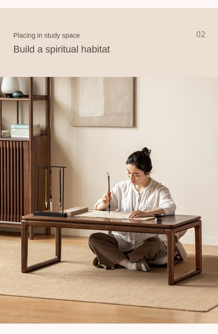 Premium Oak & Black Walnut Solid Wood Tatami Tea Table - Japanese Style Low Coffee Table for Living Room, Zen Meditation, and Tea Ceremony
