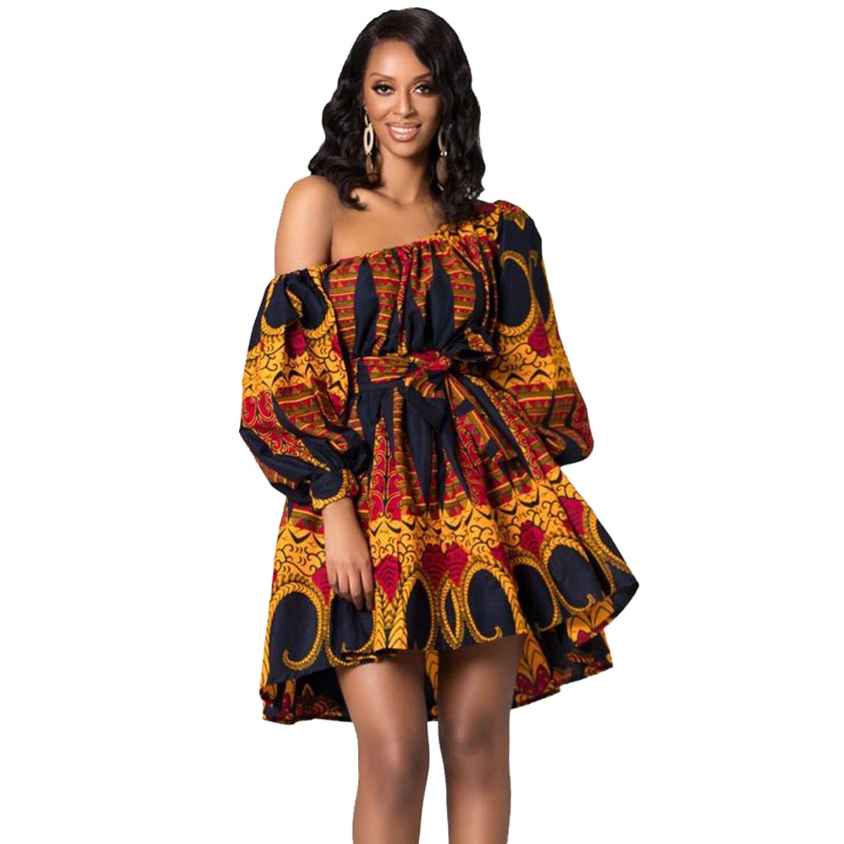 Moonight Sexy One Shoulder Asymmetrical Neck Short Dress - African Print Floral Summer Mini Dress for Women | Perfect for Beach Vacation, Night Out, and Party Wear