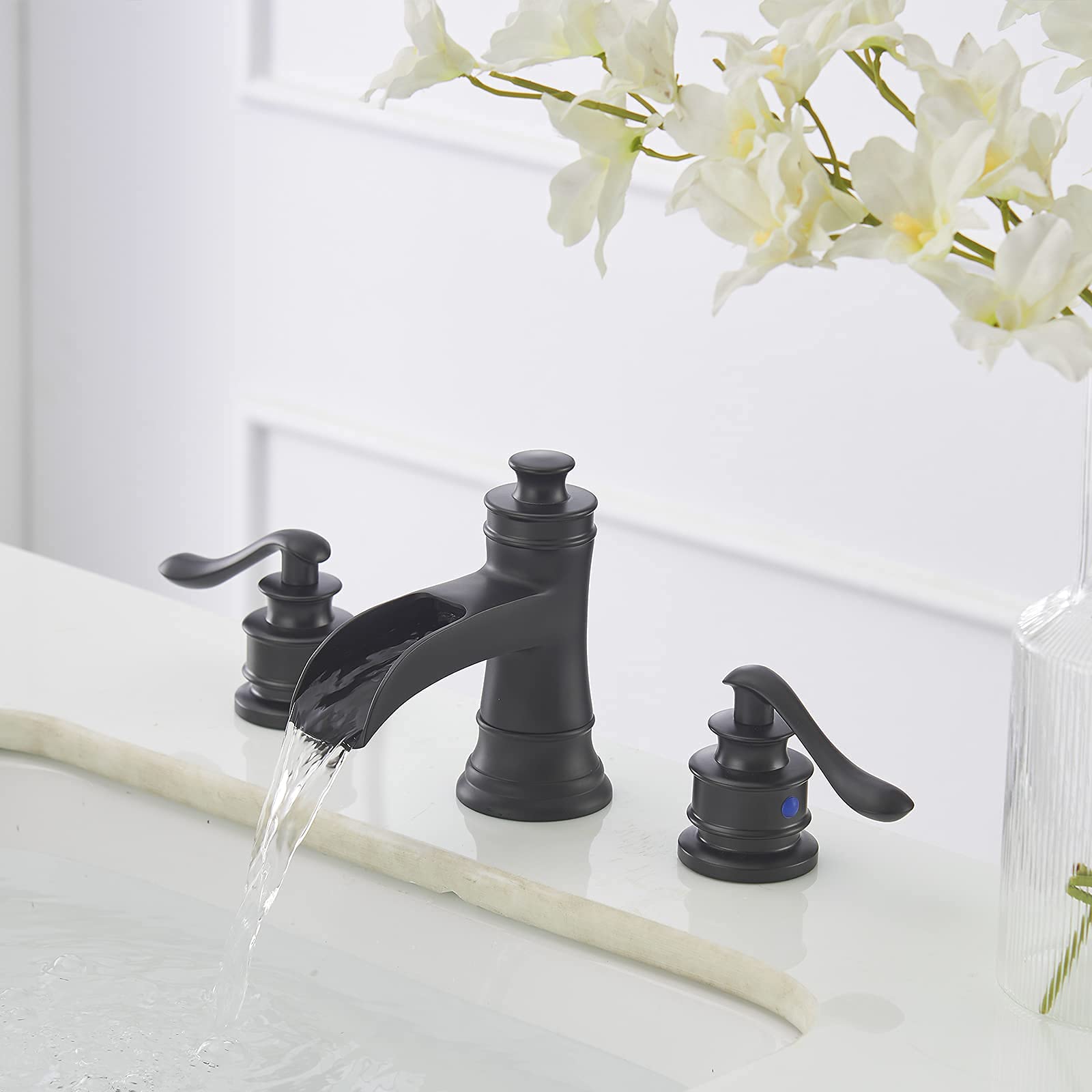 Black Widespread Bathroom Sink Faucet - Waterfall Spout 3 Hole & Black Kitchen Faucet with Pull Down Sprayer - 3 Spray Modes - Perfect for Modern Home, Bathroom and Kitchen Renovation