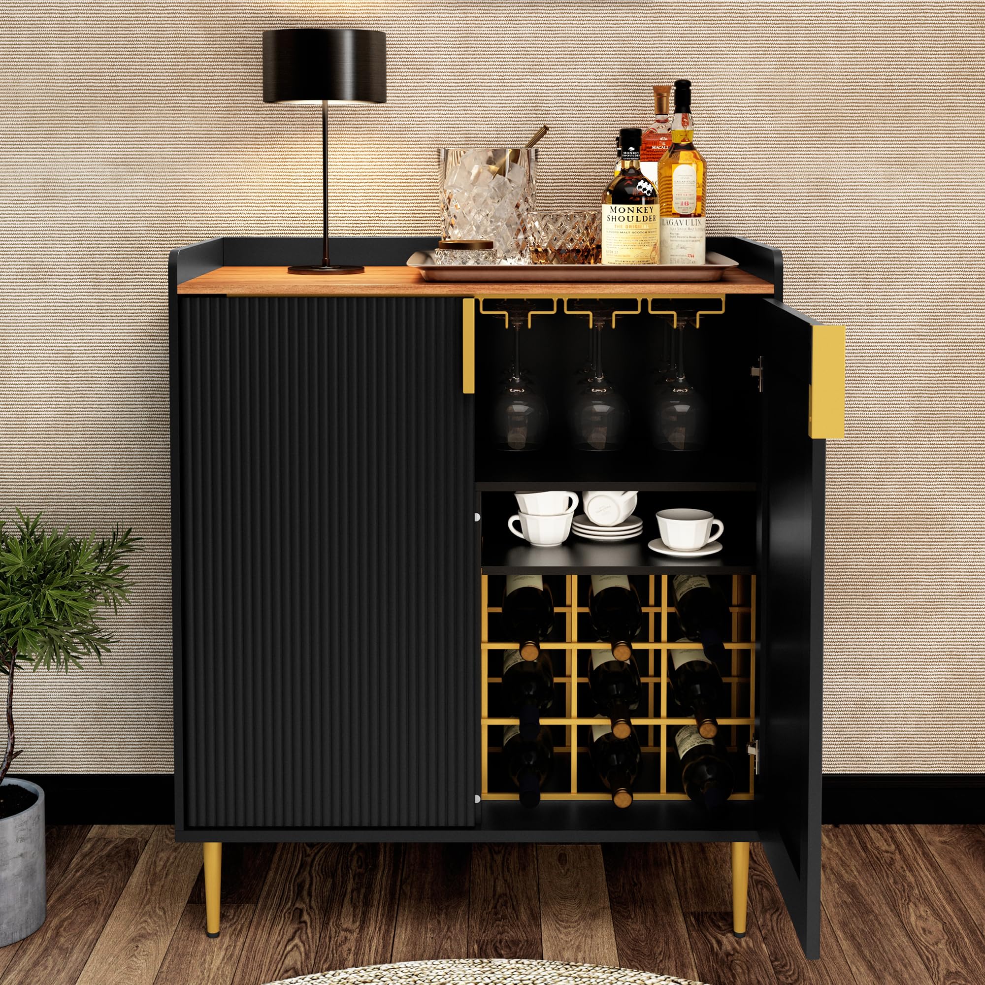 Modern Black Sideboard Buffet Cabinet with Fluted Texture - Wine Rack & Storage Drawers - Kitchen Dining Room Coffee Bar Cabinet for Living Room, Home Bar & Entertaining Spaces