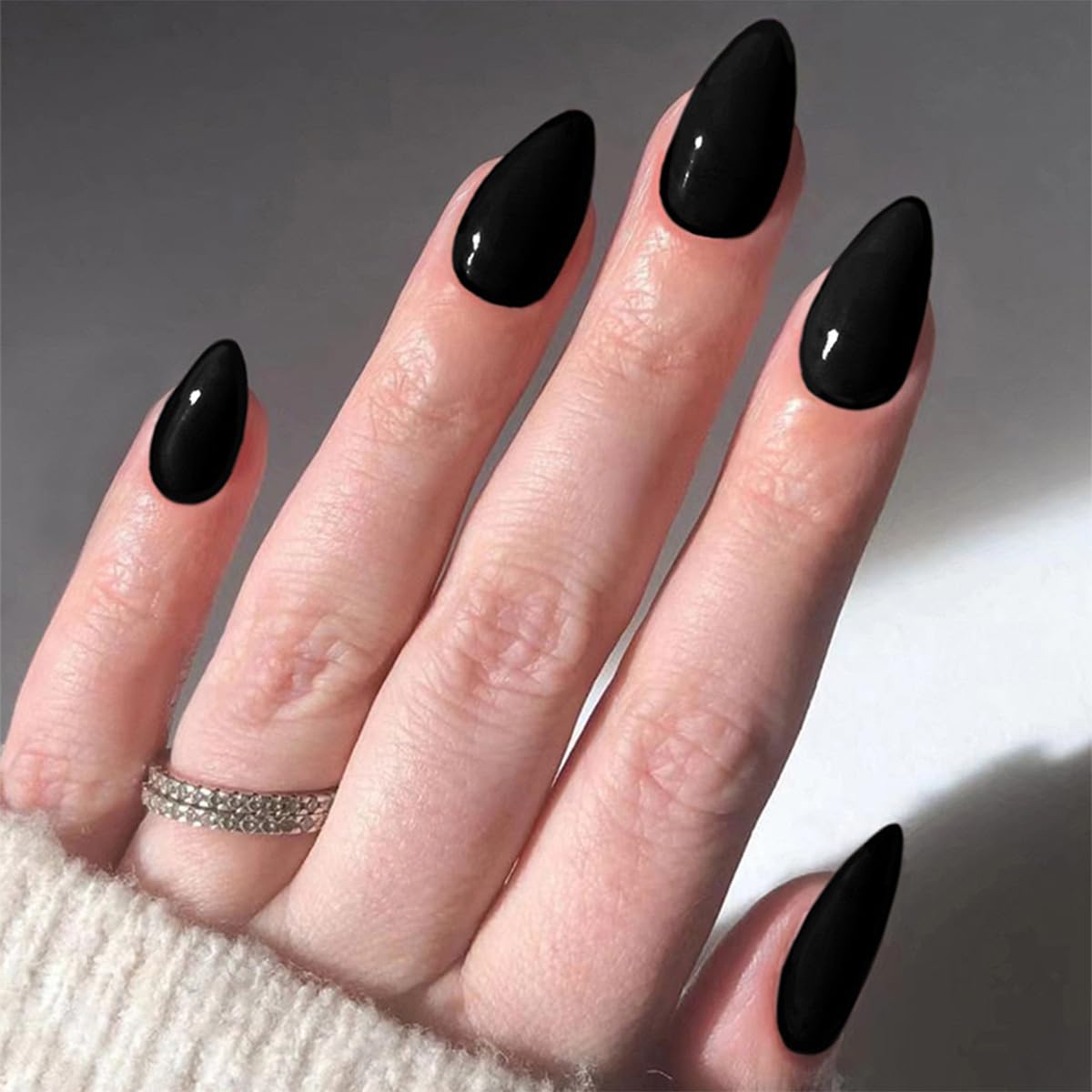 24 Pcs Short Almond Press on Nails - Black Acrylic Fake Nails with Glossy Designs, Full Cover Stick on Nails for Women | Perfect for Manicure, Parties, Weddings & Daily Wear
