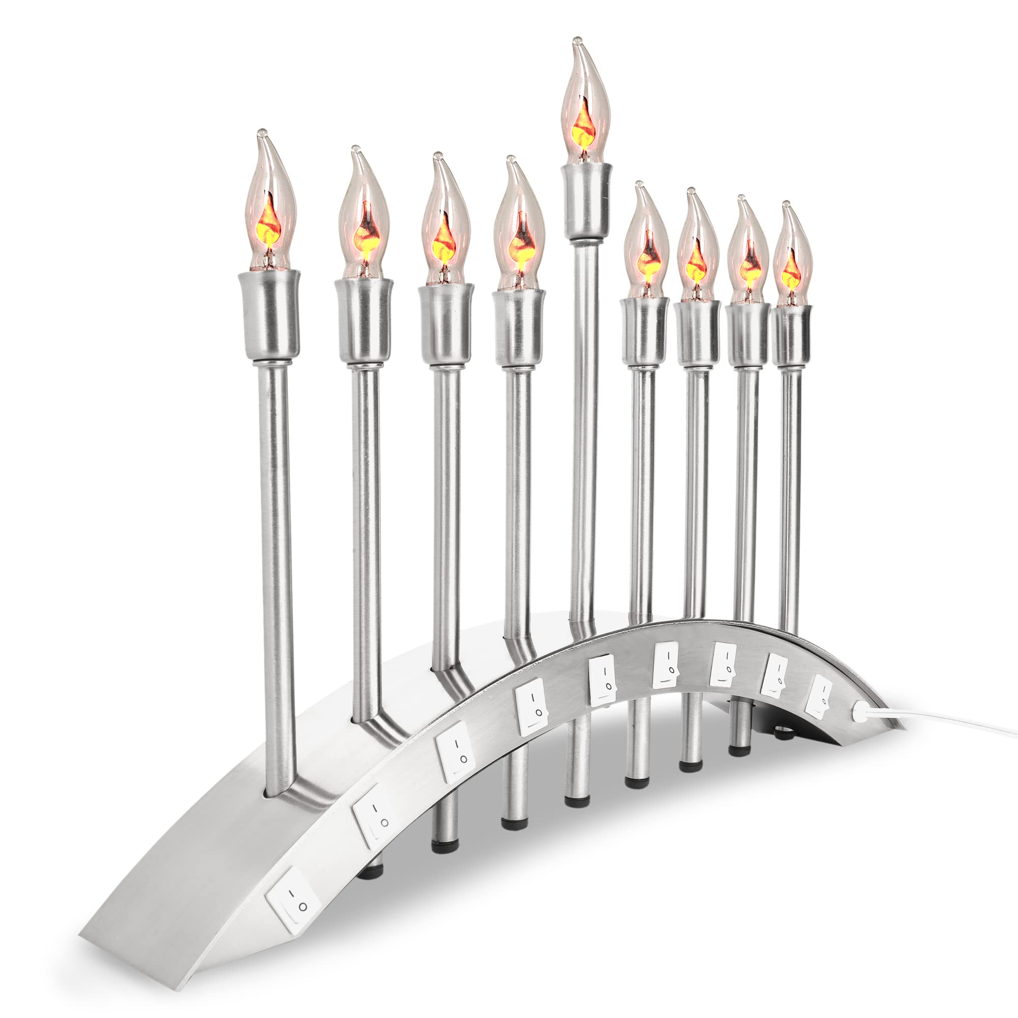 Hanukkah Electric Menorah - 9 Branch Hanukkiah with Flickering Flame LED Bulbs, Brushed Stainless Steel - Perfect for Home Decor, Jewish Holidays & Chanukah Celebrations by Aviv Judaica