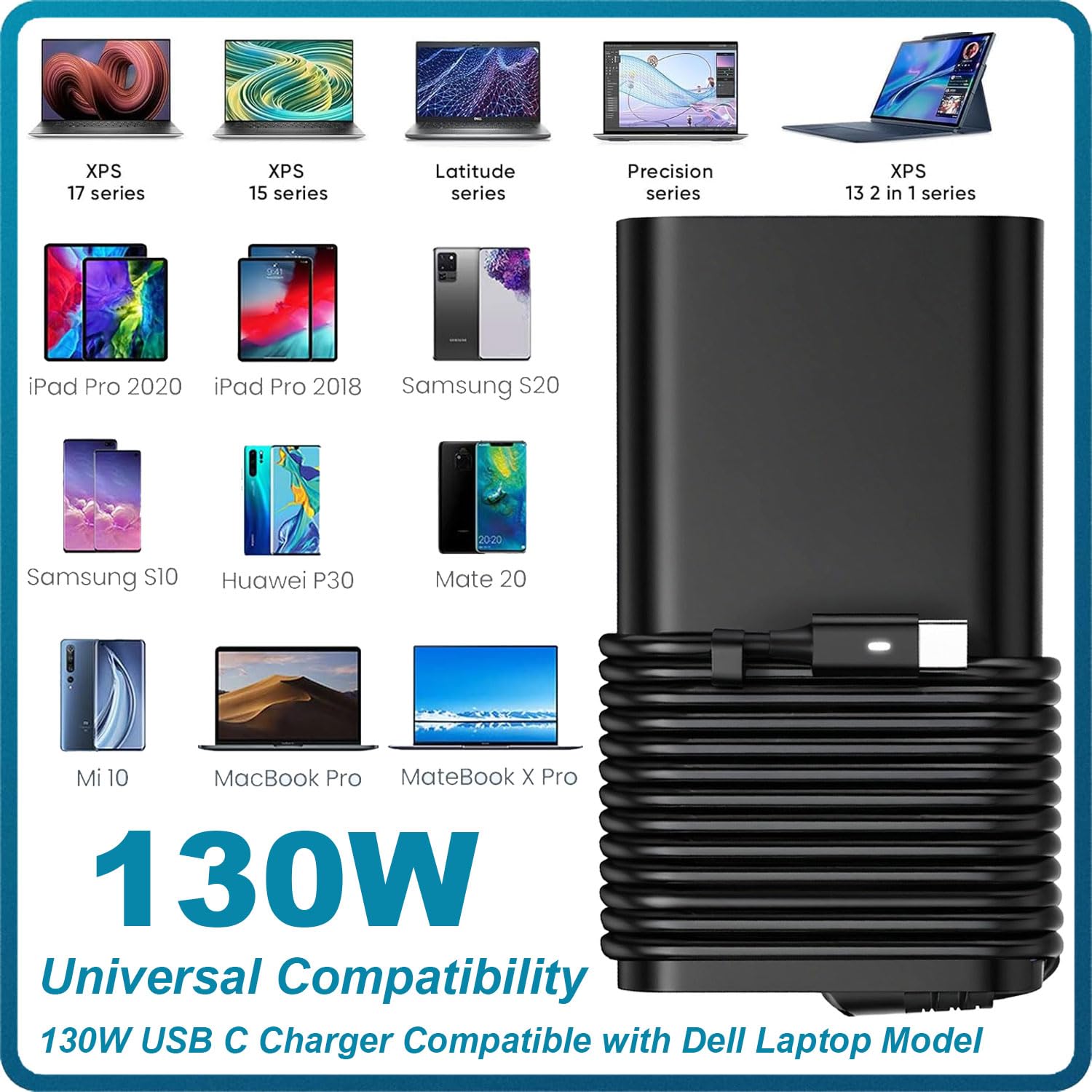130W USB C Laptop Charger for Dell XPS 15/17, Precision & Latitude Series | Fast Charging AC Adapter Power Cord | Perfect for Home, Office & Travel Use