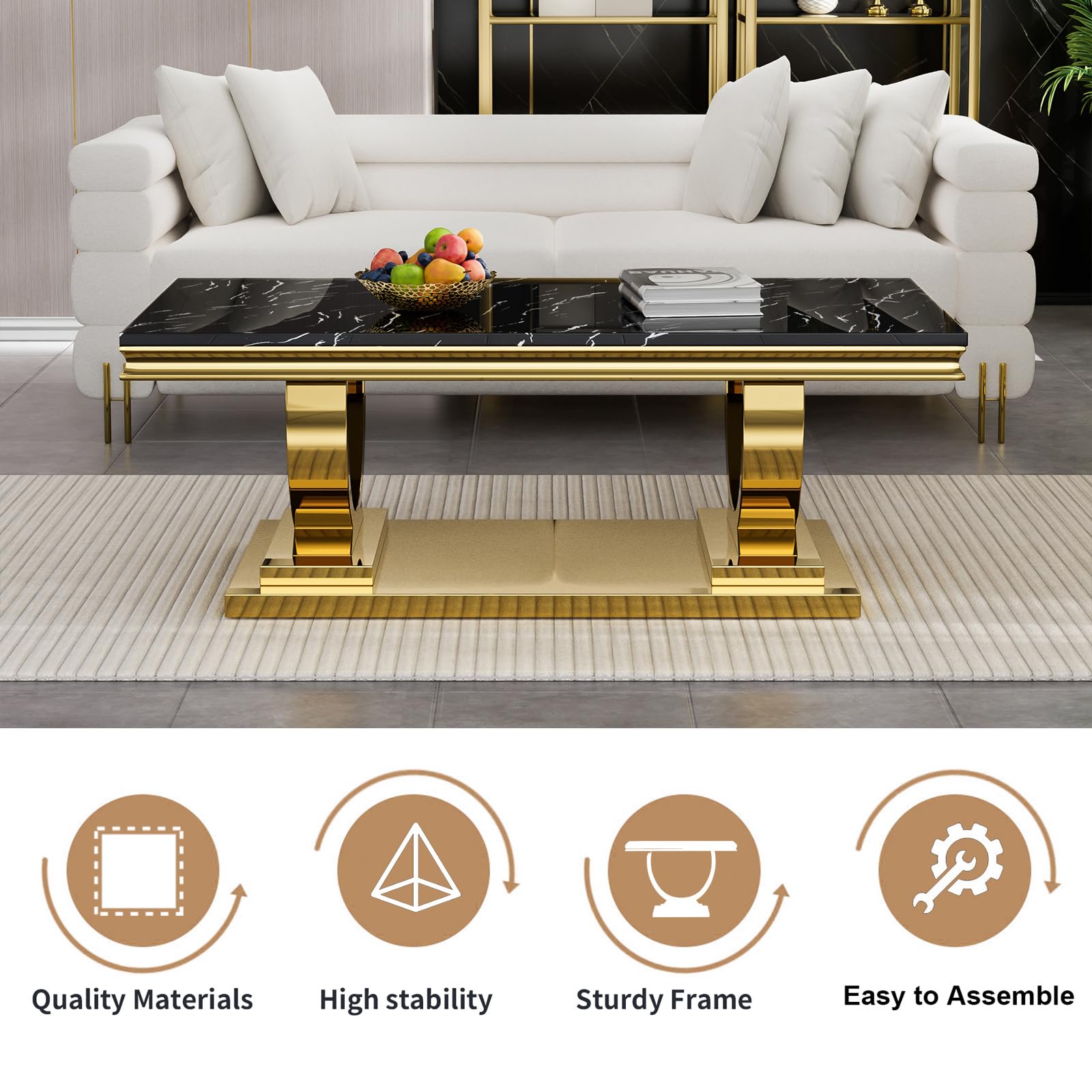 3-Piece Marble Coffee Table Set for Living Room - Faux Marble & Wood Top with Stainless Steel Frame - Modern Nesting Tables for Apartment, Home Office & Lounge (Black) | Perfect for Small Spaces, Coffee Serving & Stylish Home Decor