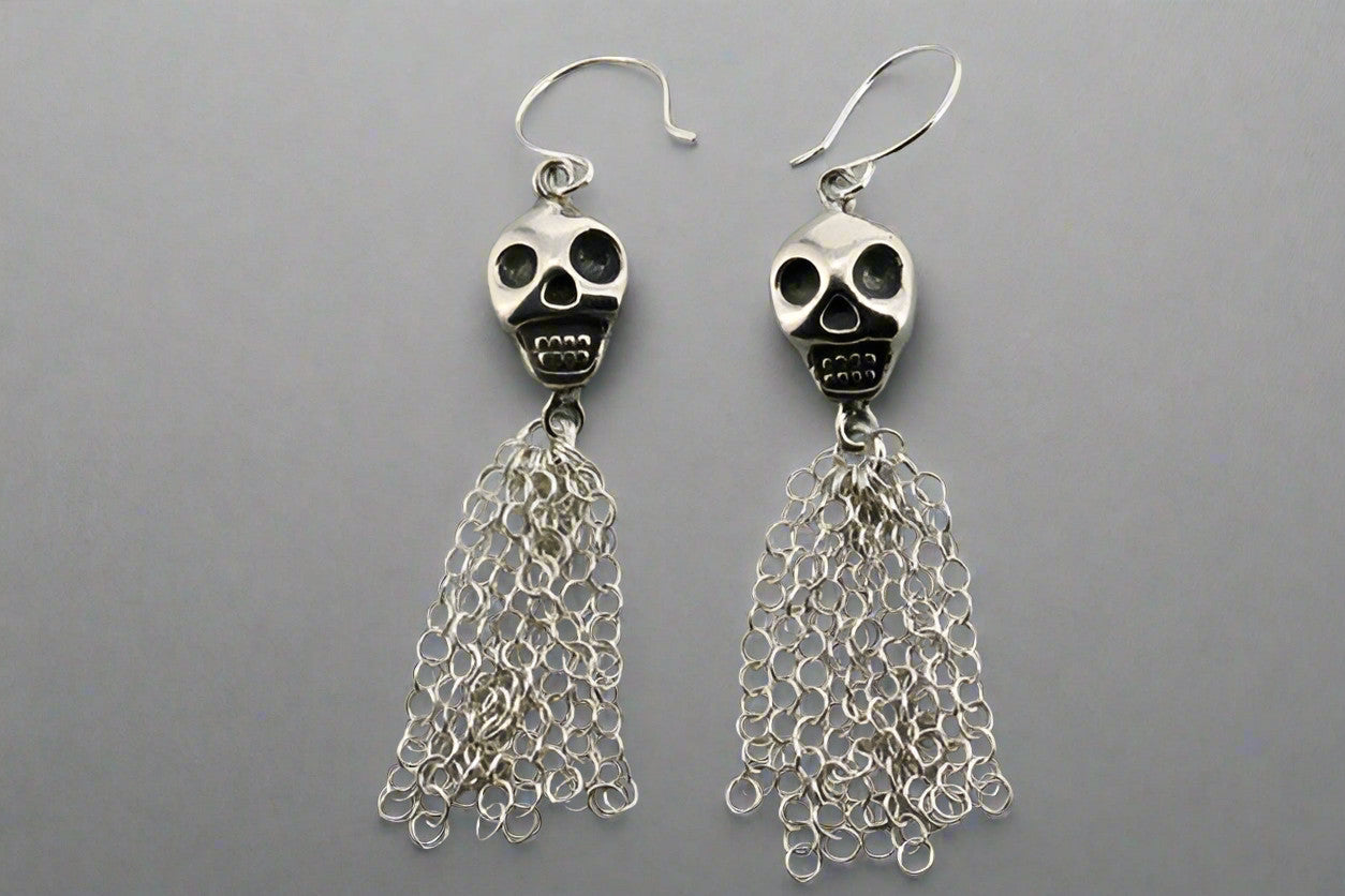 Sterling Silver Double Sided Skull & Tassel Earrings - Gothic Punk Jewelry for Women, Perfect for Parties, Concerts and Halloween Costumes