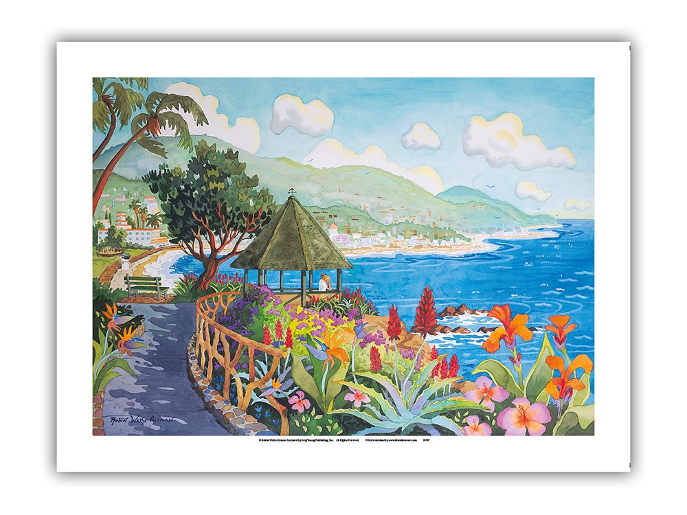 Laguna Beach Gazebo and Flowers Watercolor Print - Heisler Park California Coastal Art - Ocean View Landscape Painting by Robin Wethe Altman - Premium 290gsm Bamboo Paper 24x32in Wall Decor for Living Room, Bedroom or Office