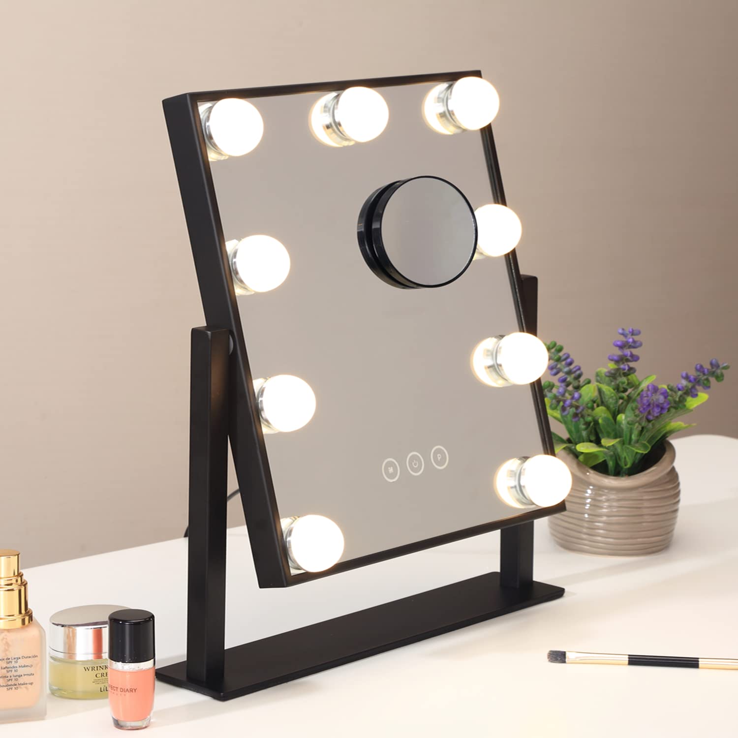 Nusvan LED Vanity Mirror with 3 Color Lighting Modes, 10X Magnification & 360° Rotation - Touch Control Makeup Mirror for Professional Makeup Application, Skincare Routine & Home Salon Setup