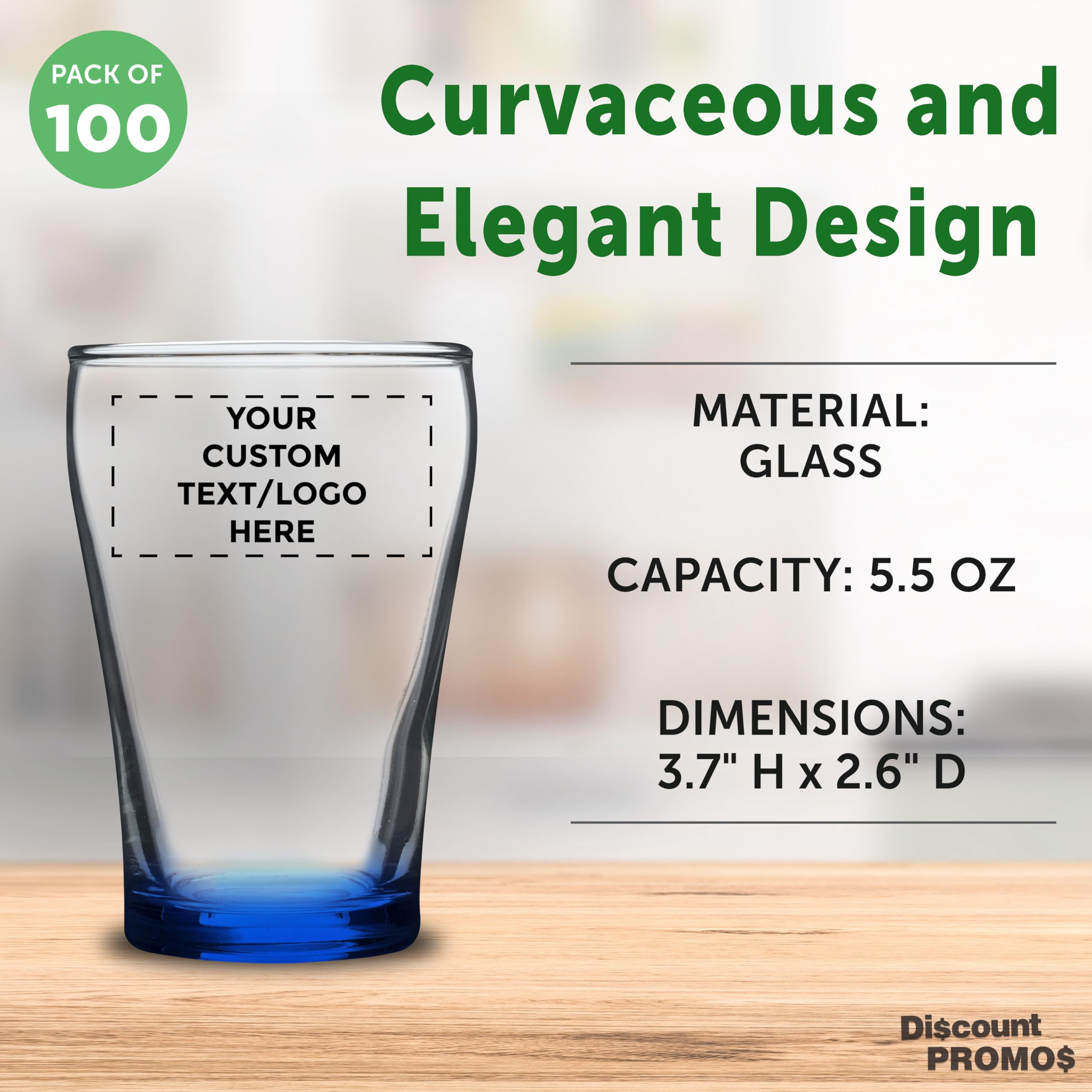 Custom Personalized Shot Glasses 5.5 oz (Set of 100) - Bulk Pack for Weddings, Parties, Birthdays & Events - Blue Glassware - Perfect for Bar, Club, Home Entertaining & Gifts
